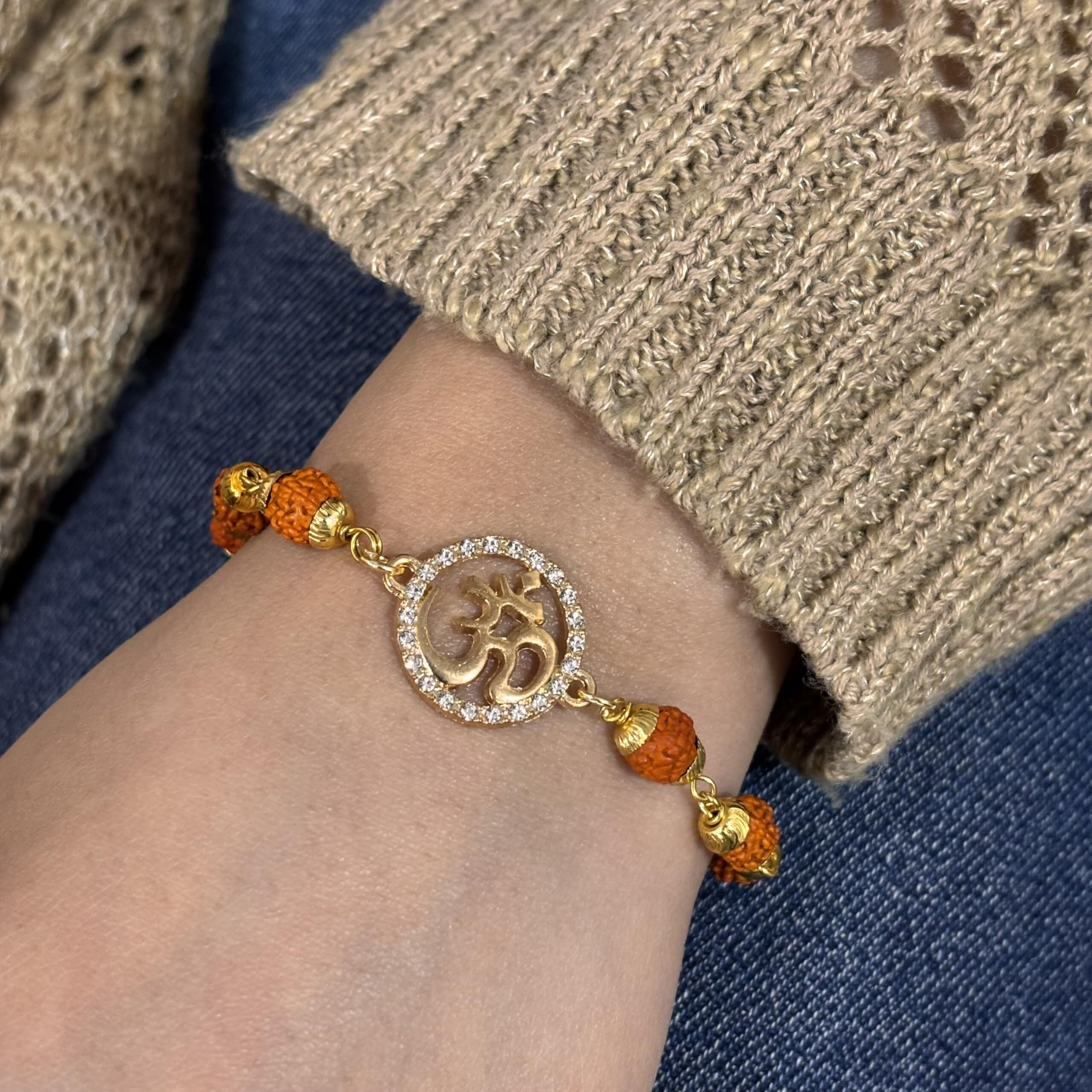 Pradhan Accessories Rudraksha Om Bracelet For Men & Women, Anti-Tarnish, Diamond Studded, Gold Plated Bracelet, 8 Inch Adjustable, Handcrafted, Lightweight, Minimal Jewellery For Daily Use & Gifting