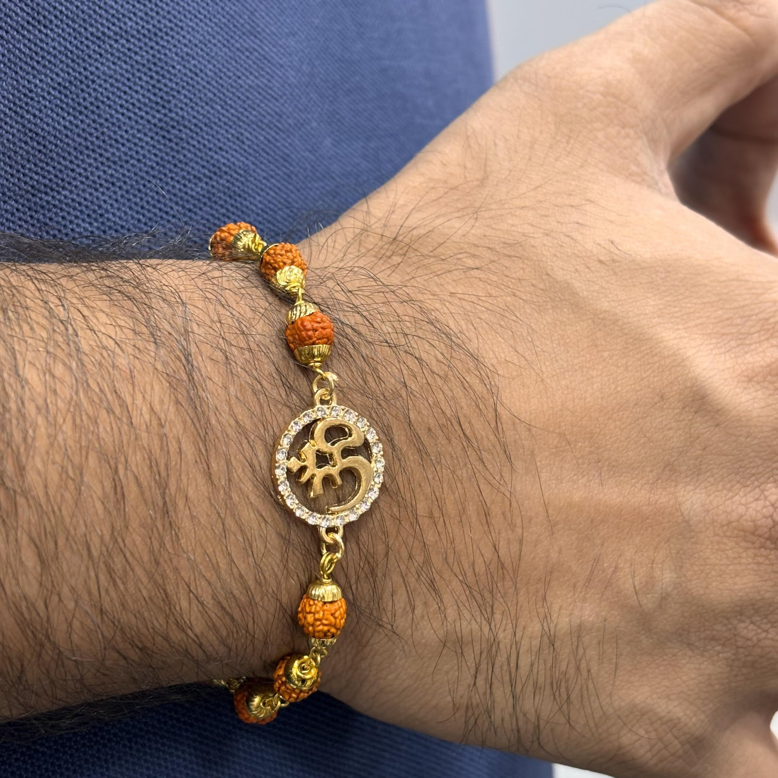 Pradhan Accessories Rudraksha Om Bracelet For Men & Women, Anti-Tarnish, Diamond Studded, Gold Plated Bracelet, 8 Inch Adjustable, Handcrafted, Lightweight, Minimal Jewellery For Daily Use & Gifting