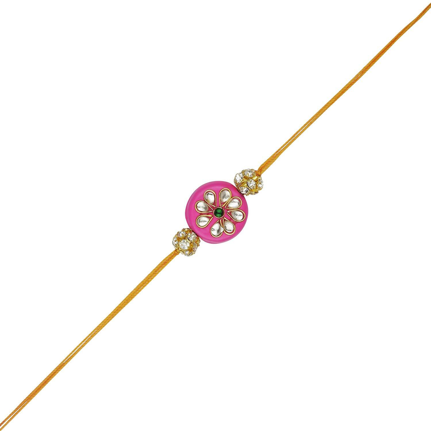 Accessher Mens Traditional Pink Enamel Rhinestone Kundan Rakhi For Brother Pack Of 1 With Roli Kumkum Packets And Happy Rakshabandhan Card | Latest Rakhi For Brother