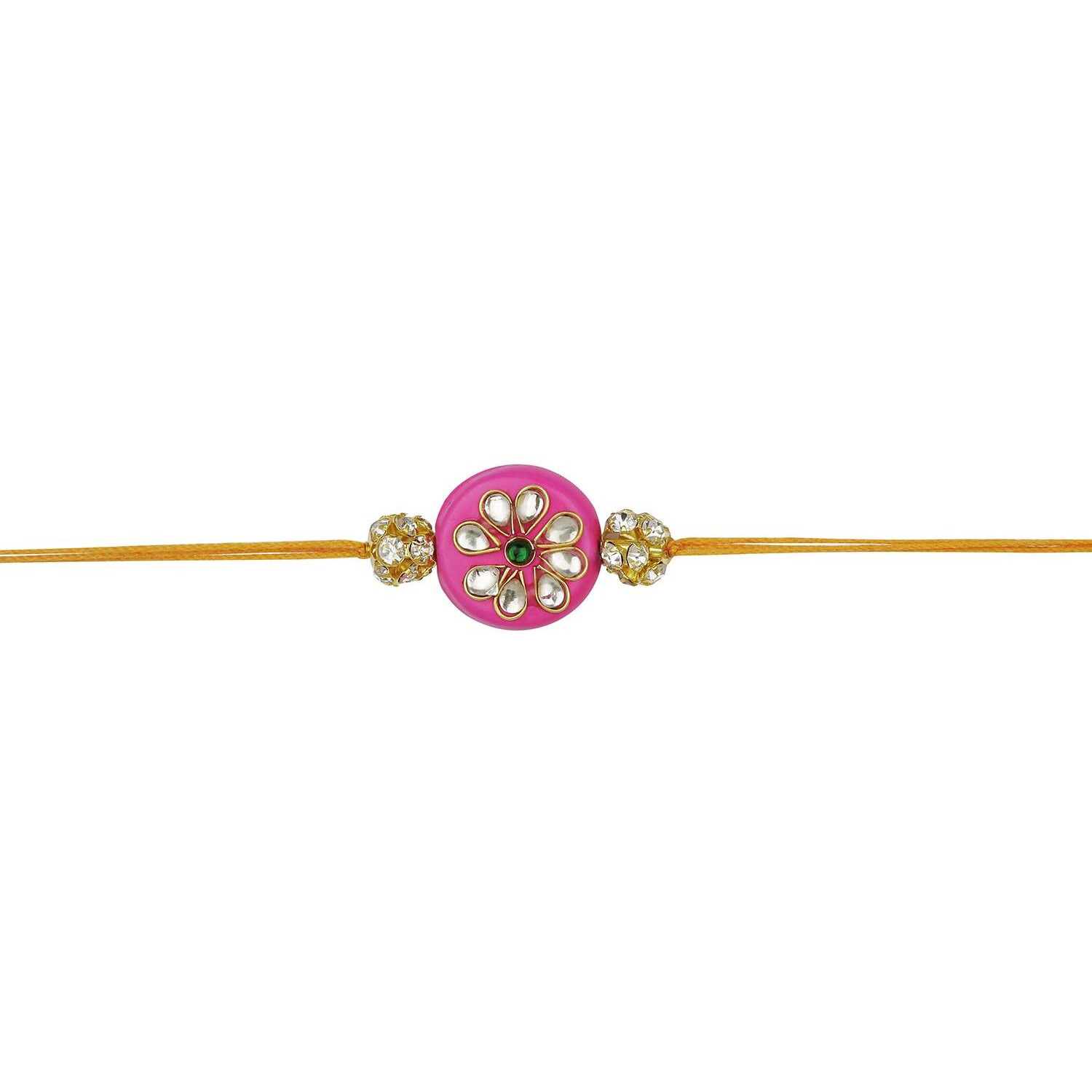 Accessher Mens Traditional Pink Enamel Rhinestone Kundan Rakhi For Brother Pack Of 1 With Roli Kumkum Packets And Happy Rakshabandhan Card | Latest Rakhi For Brother