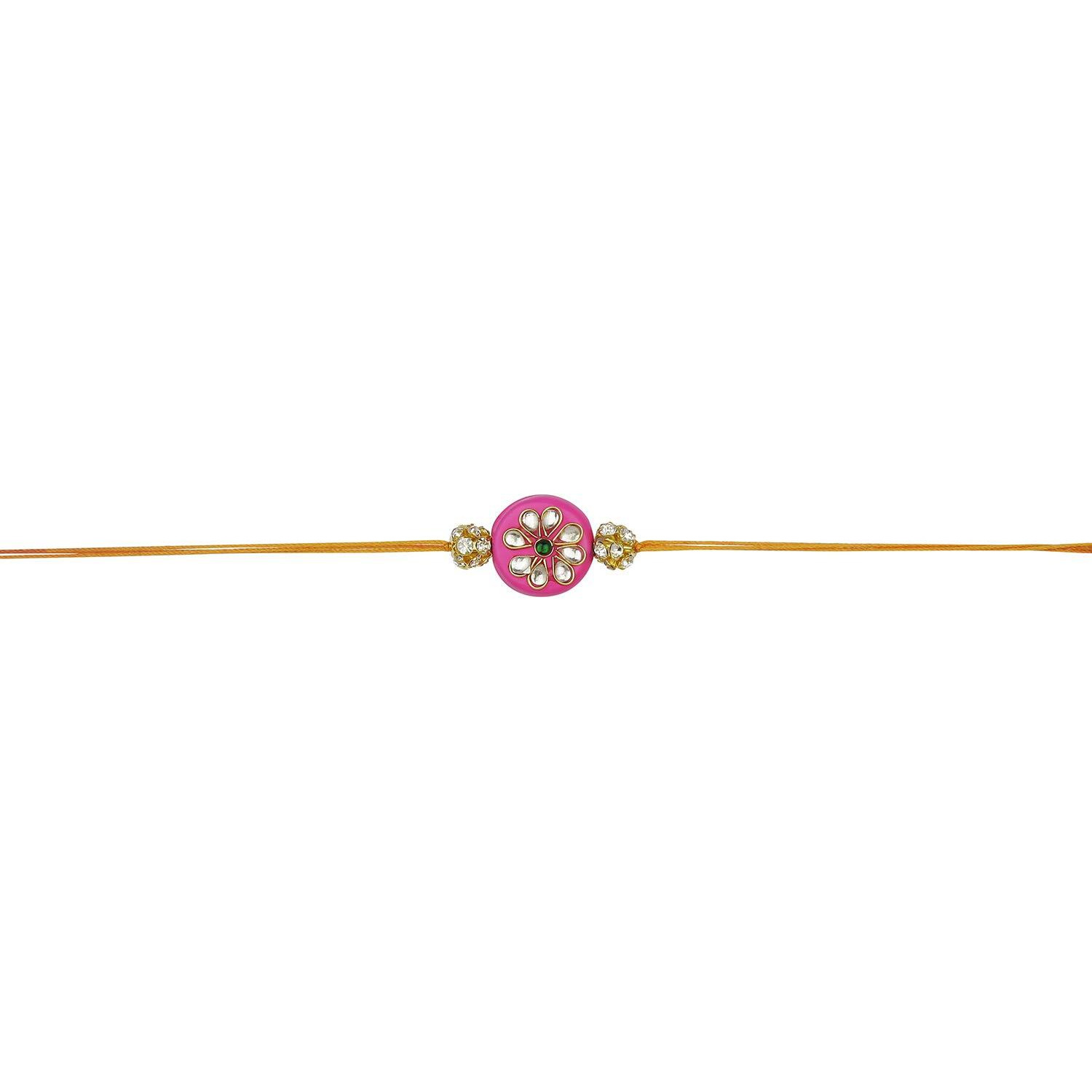 Accessher Mens Traditional Pink Enamel Rhinestone Kundan Rakhi For Brother Pack Of 1 With Roli Kumkum Packets And Happy Rakshabandhan Card | Latest Rakhi For Brother