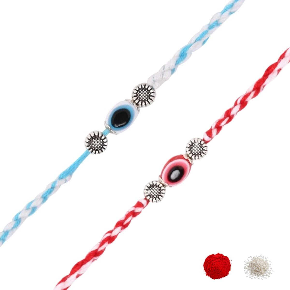 I Jewels Enamel Evil Eye Pearl Rakhi With Roli Chawal & Rakshabandhan Card For Bro/Brother/Bhai (R340Sb-Re) (Pack Of 2)