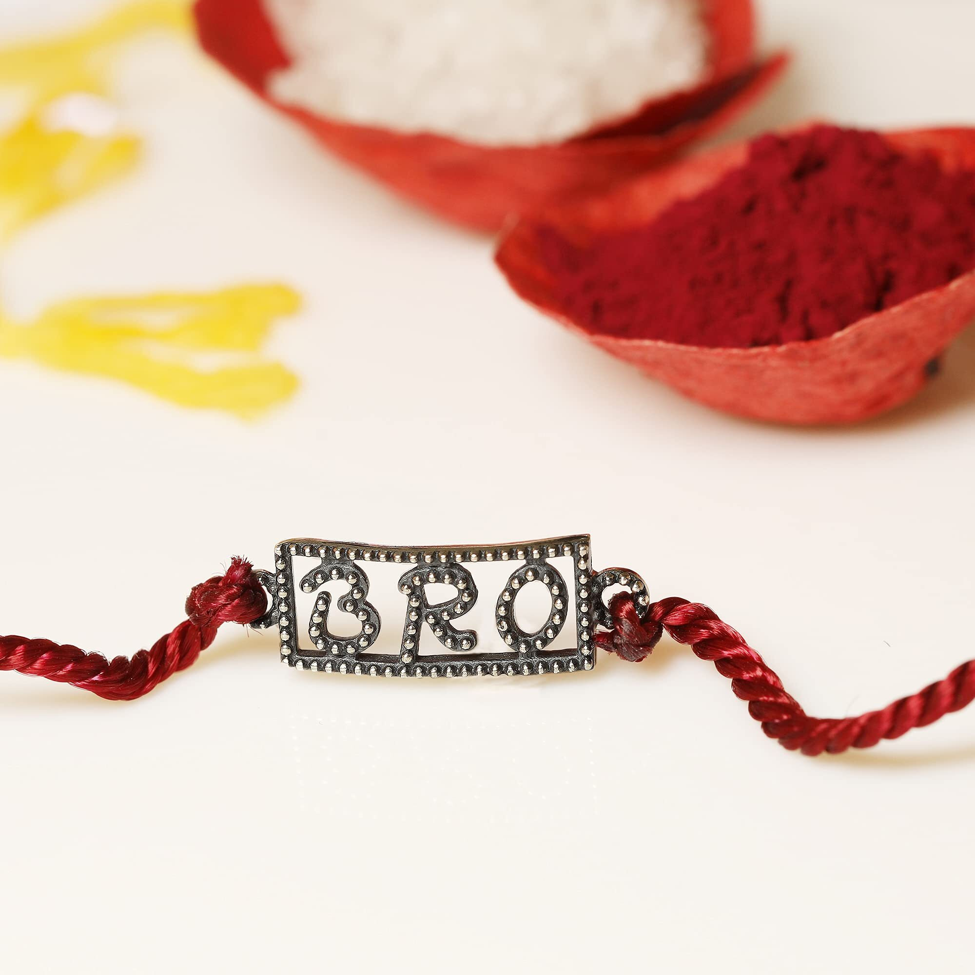 Giva 925 Silver Bro Rakhi With Roli Chawal, Cotton Thread | Quirky Rakshabandhan Rakhi For Brother | Silver Rakhi For Boys & Men With Certificate Of Authenticity And 925 Stamp