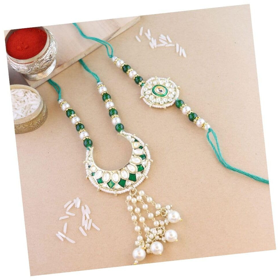 I Jewels Mens Kundan & Pearl Hanging Bhaiya Bhabhi Lumba Rakhi Combo Set With Roli Chawal And Rakshabandhan Card (R105G-Co)
