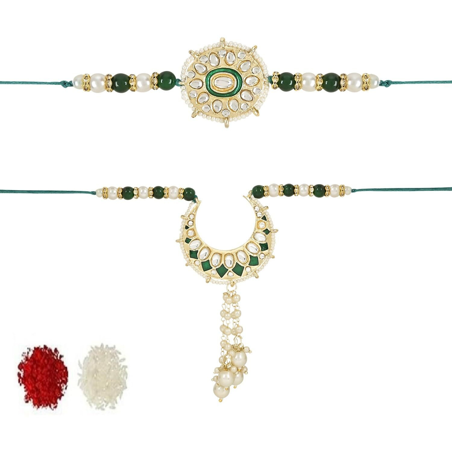 I Jewels Mens Kundan & Pearl Hanging Bhaiya Bhabhi Lumba Rakhi Combo Set With Roli Chawal And Rakshabandhan Card (R105G-Co)