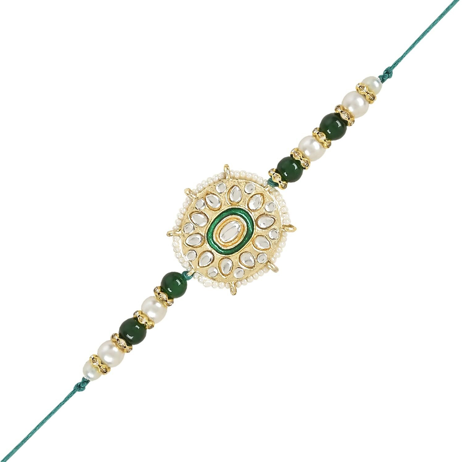 I Jewels Mens Kundan & Pearl Hanging Bhaiya Bhabhi Lumba Rakhi Combo Set With Roli Chawal And Rakshabandhan Card (R105G-Co)