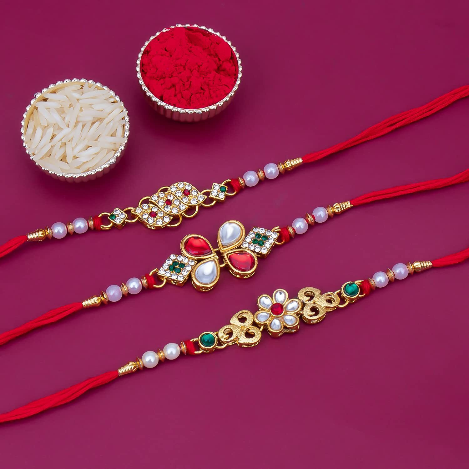 Sukkhi Rakhi Flashy Kundan Rakhi Combo & Designer Gold Plated Premium Rakhi For Brother, Roli Chawal & Greeting Card|Rakhi For Bhaiya|Rakhi For Men|Kundan Rakhi|Rakhi Combo-Set Of 3 |Cbrak100049