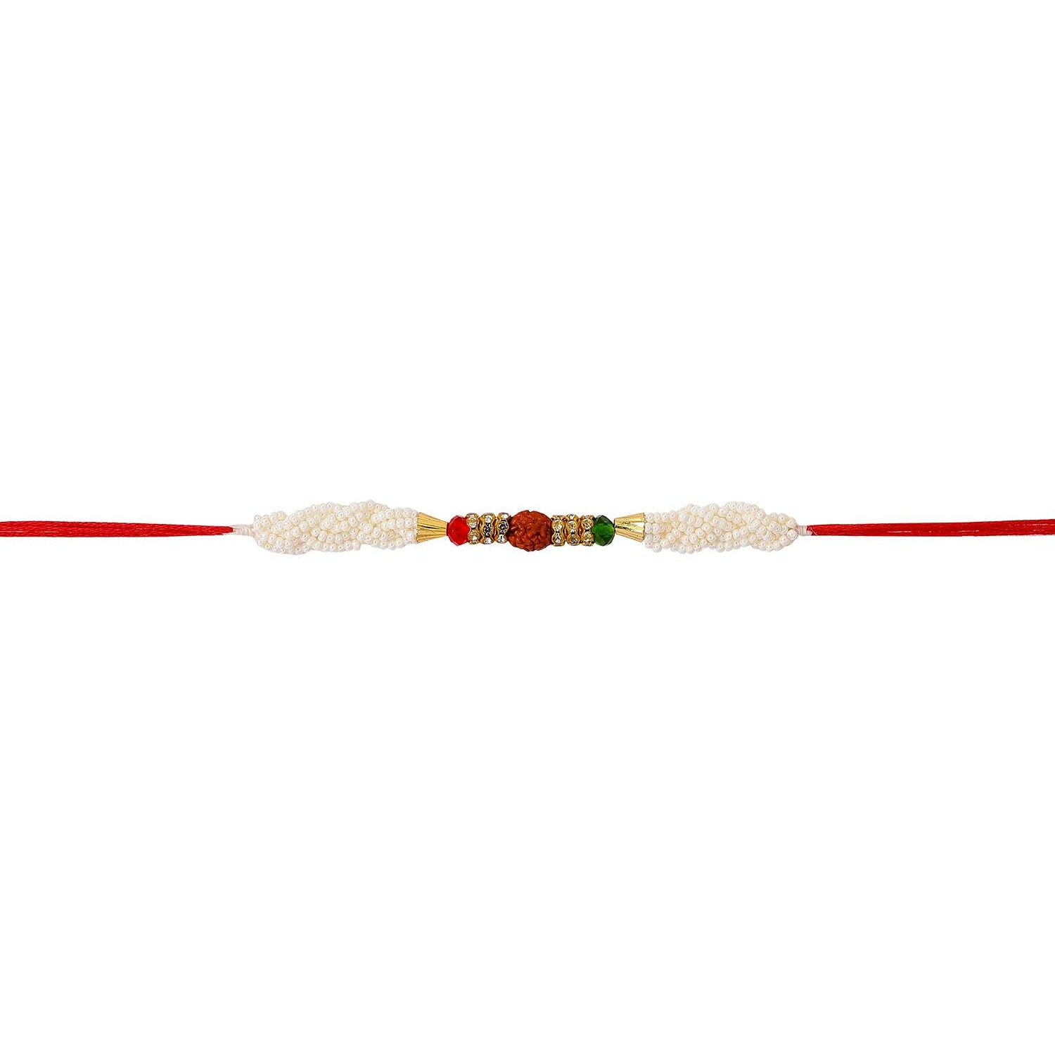 Accessher Mens Traditional Elegant And Stylish Designer Pearl And Rudraksh Rakhi For Beloved Brother Pack Of 1 With Roli Kumkum Packets And Happy Rakshabandhan Card