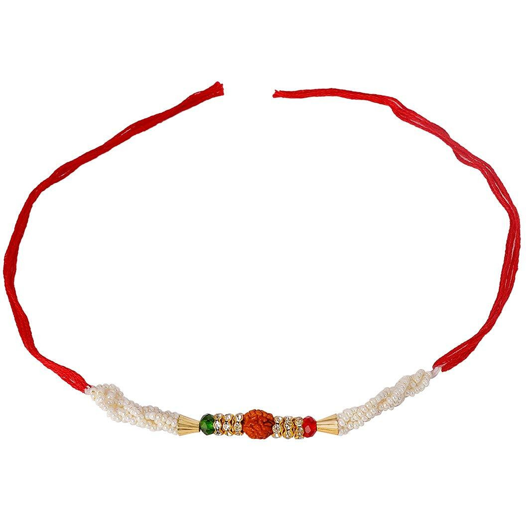 Accessher Mens Traditional Elegant And Stylish Designer Pearl And Rudraksh Rakhi For Beloved Brother Pack Of 1 With Roli Kumkum Packets And Happy Rakshabandhan Card