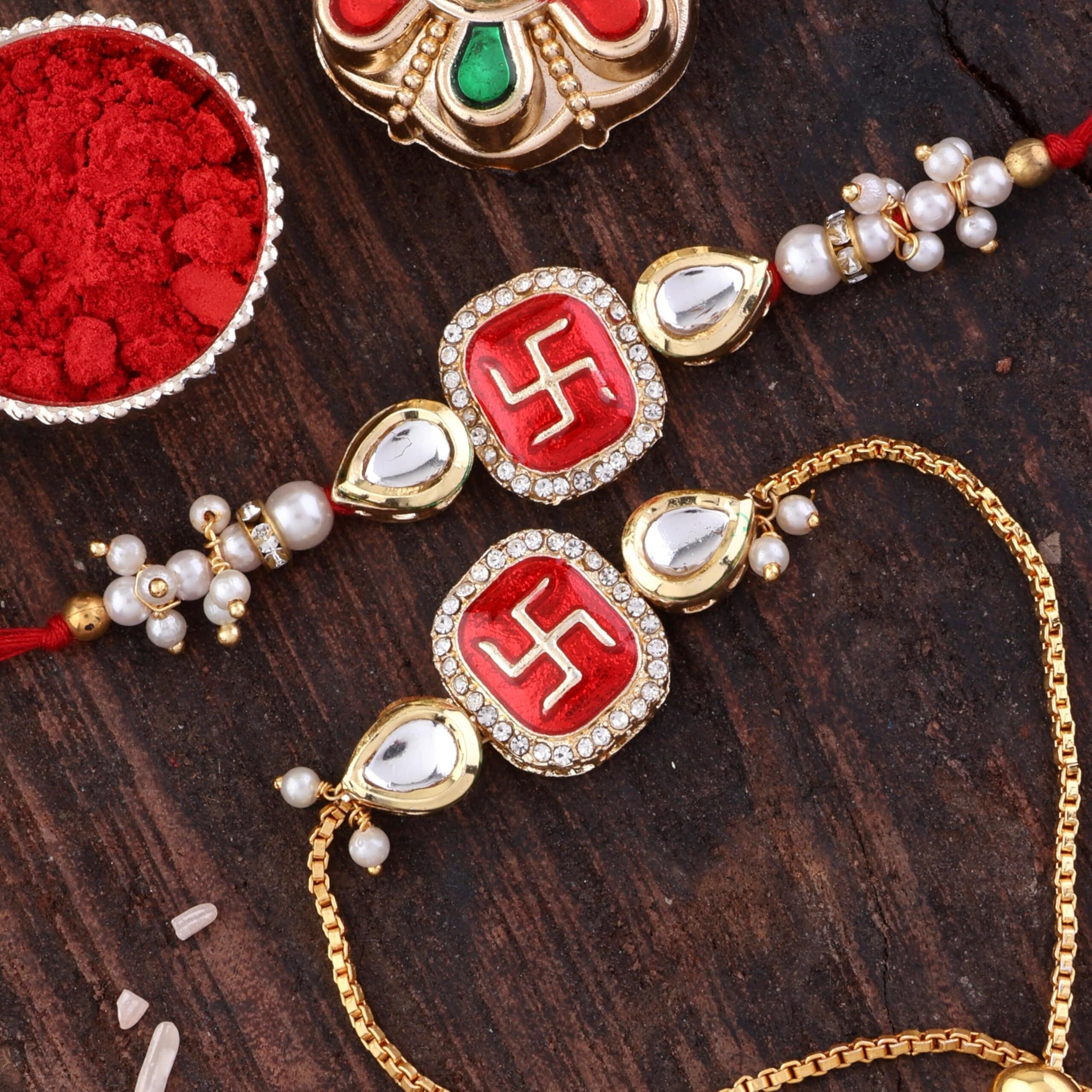 Shonas Style Swastik Rakhi Set With Pearl Beads, Crystal Stones, Red And Gold Chain Design, 2 Pieces,Traditional Rakhi Set With Swastik Design