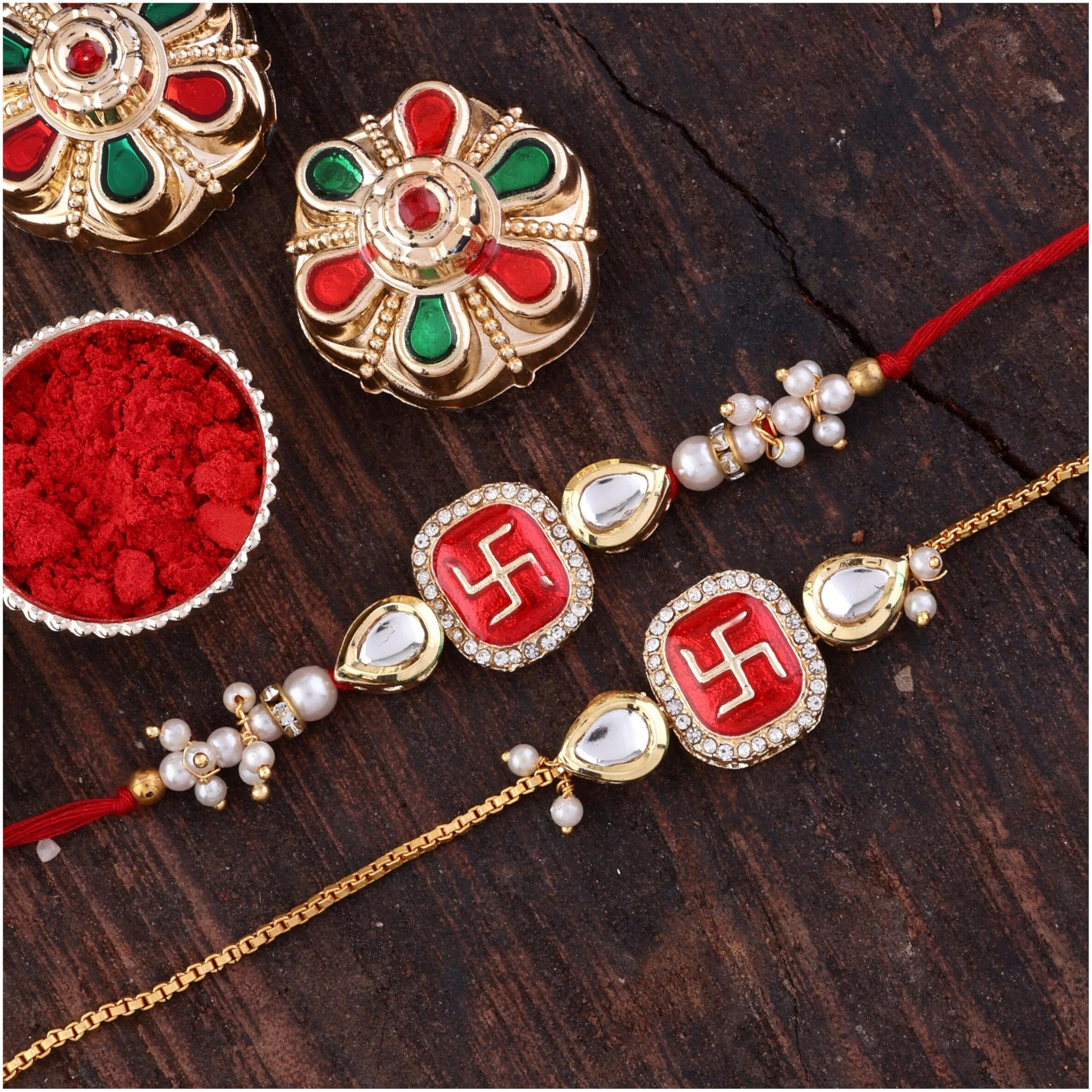 Shonas Style Swastik Rakhi Set With Pearl Beads, Crystal Stones, Red And Gold Chain Design, 2 Pieces,Traditional Rakhi Set With Swastik Design