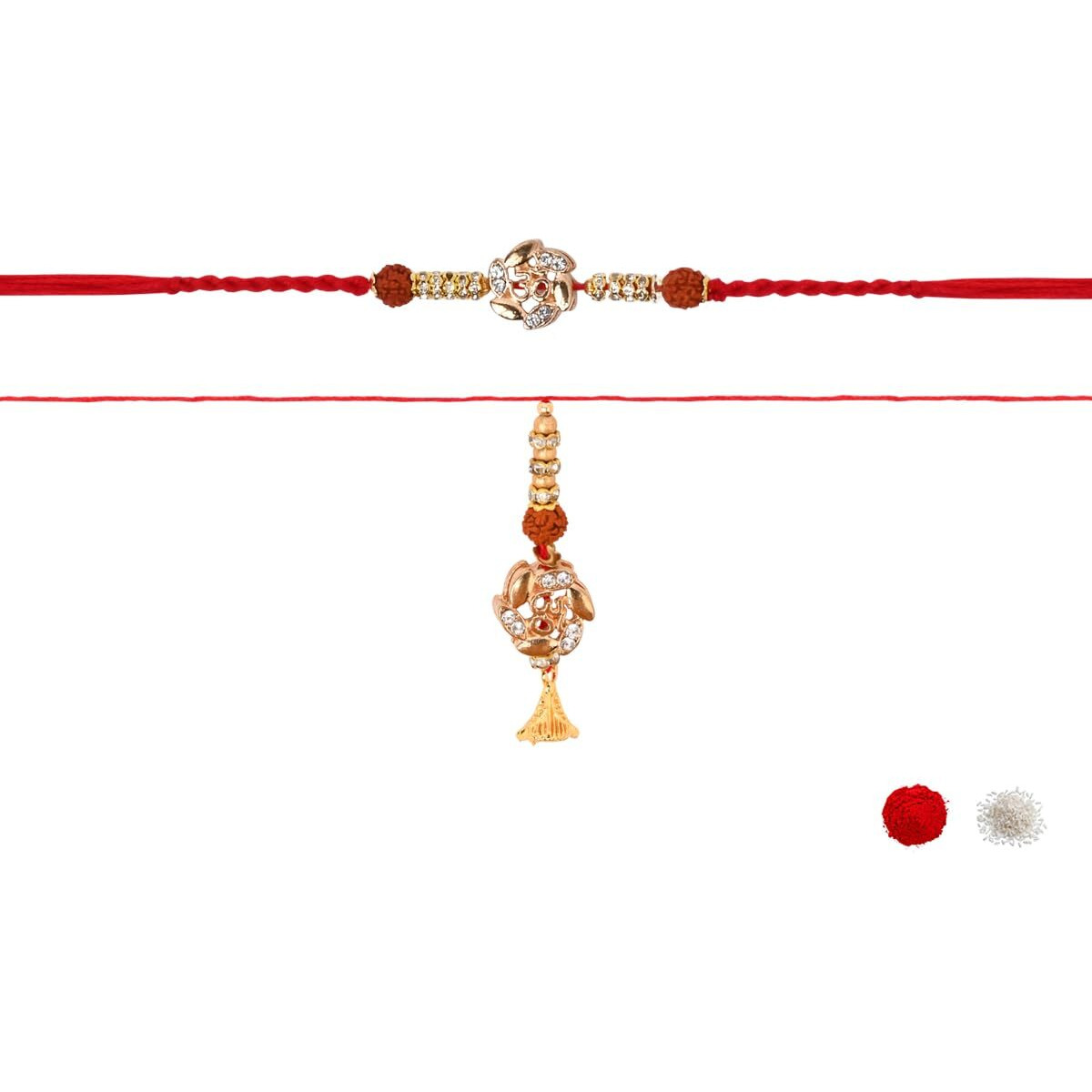 I Jewels Om & Rudraksha Beads Designer Bhaiya Bhabhi Bracelet & Rakhi Combo Set With Roli Chawal & Rakshabandhan Card (R352-Co)