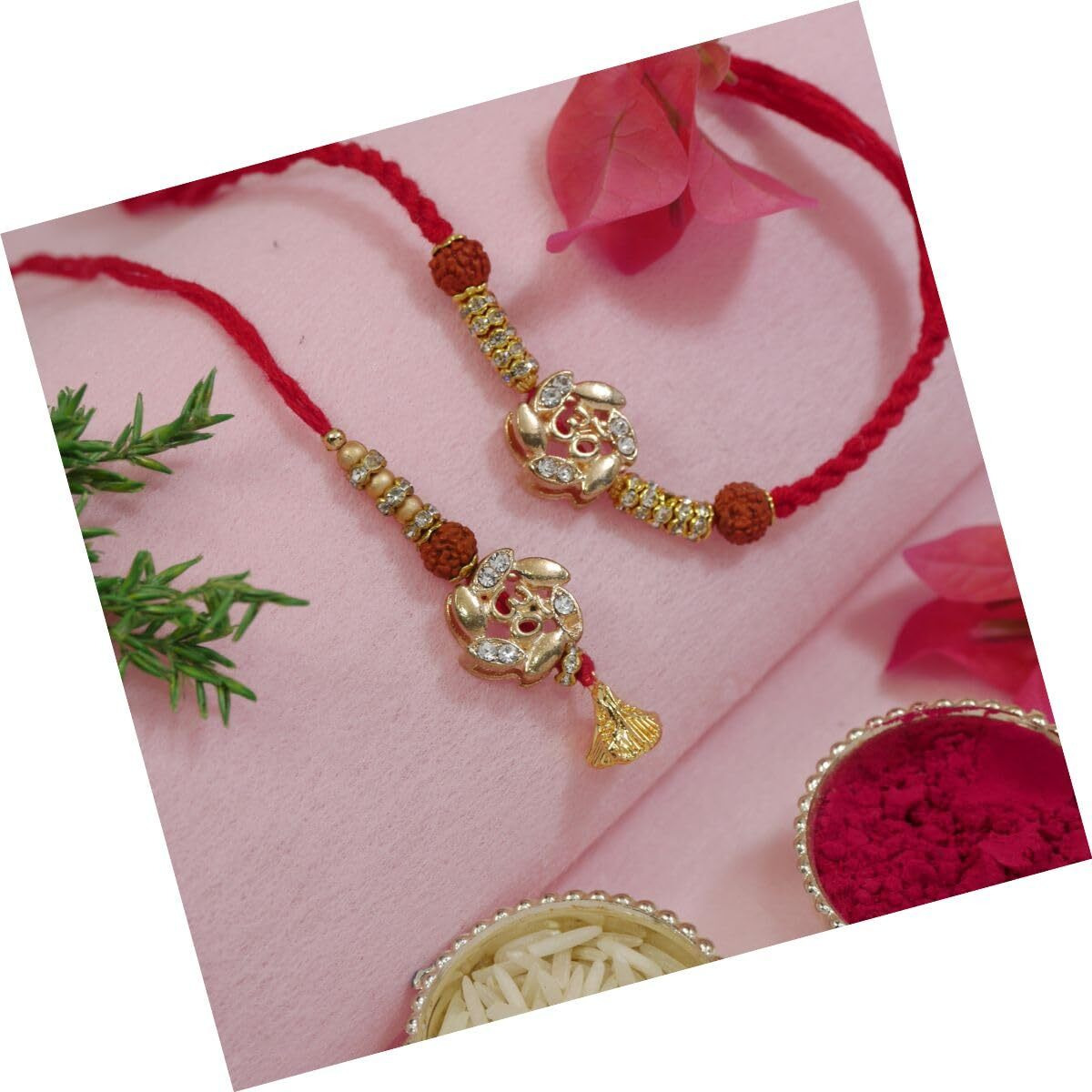 I Jewels Om & Rudraksha Beads Designer Bhaiya Bhabhi Bracelet & Rakhi Combo Set With Roli Chawal & Rakshabandhan Card (R352-Co)