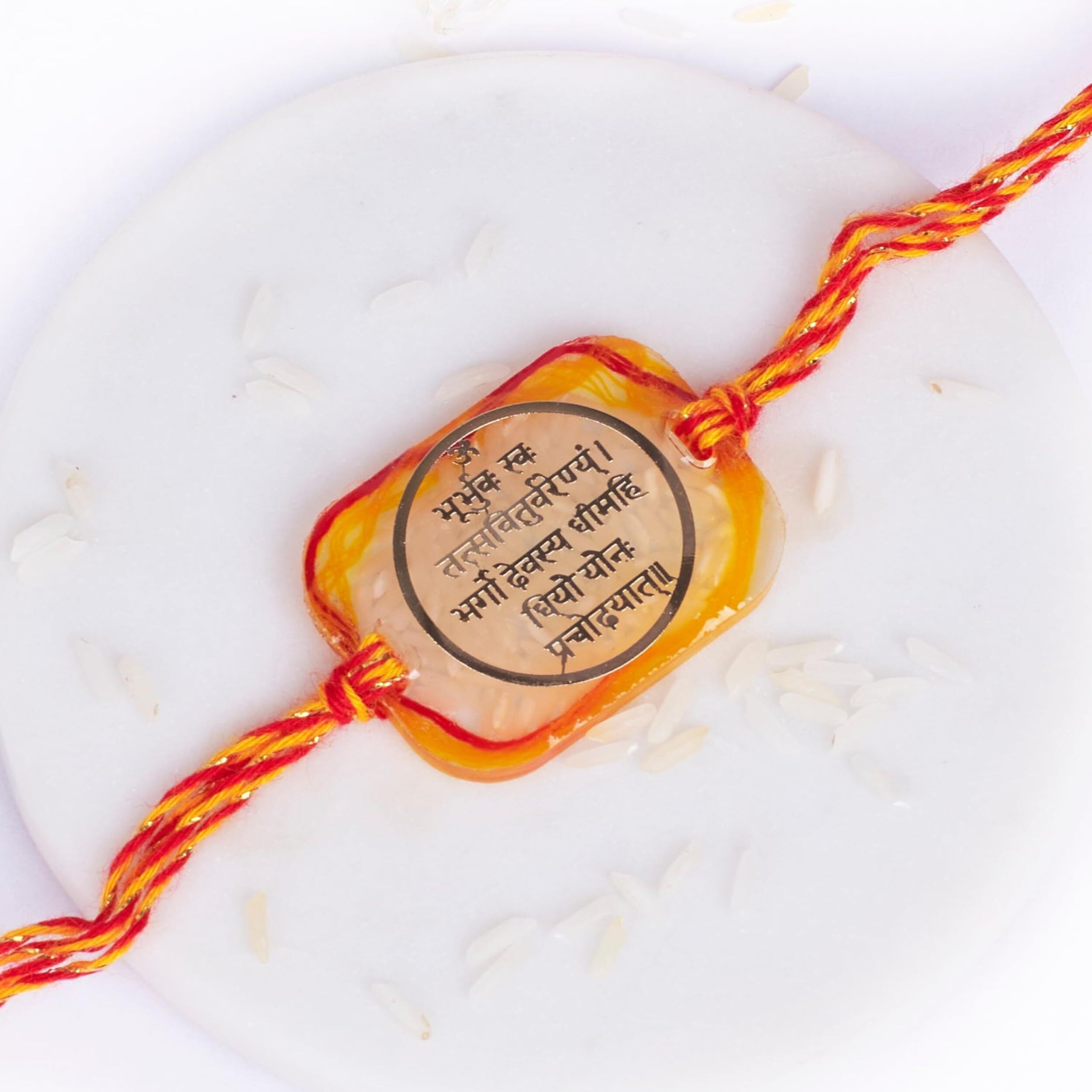 Salty Resin Gold Exquisite Designer (Shlok) Rakhi Set | Moli Dora Rakhi | Symbol Of Sibling Love & Protection
