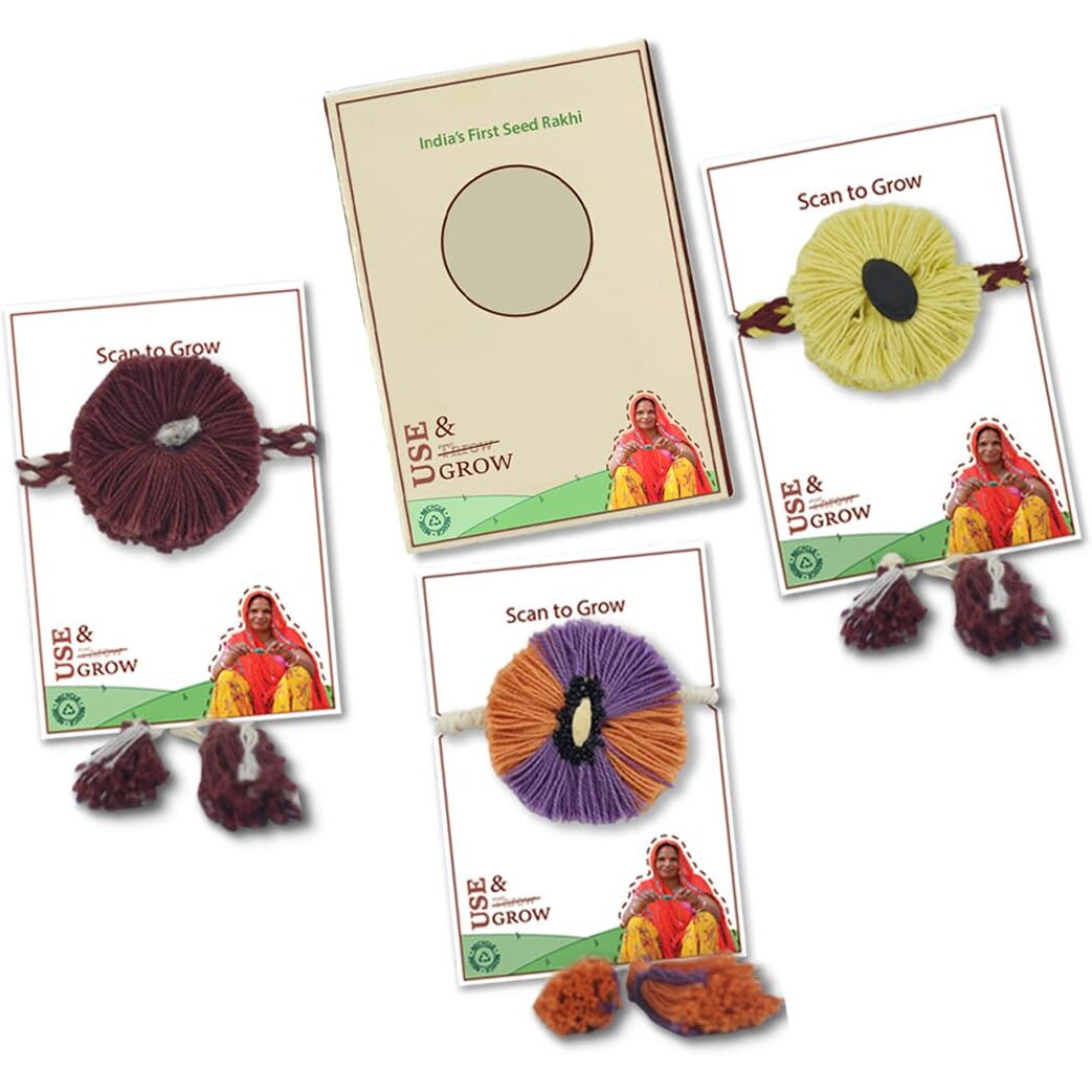 Seedrakhi Eco-Friendly Black And Yellow Rakhi Set Of 3 Cotton Embroidery Thread Raksha Bandhan Box For Brother,Type Of Seeds Cotton,Guar,Cucumber,Pea With Chulai Border