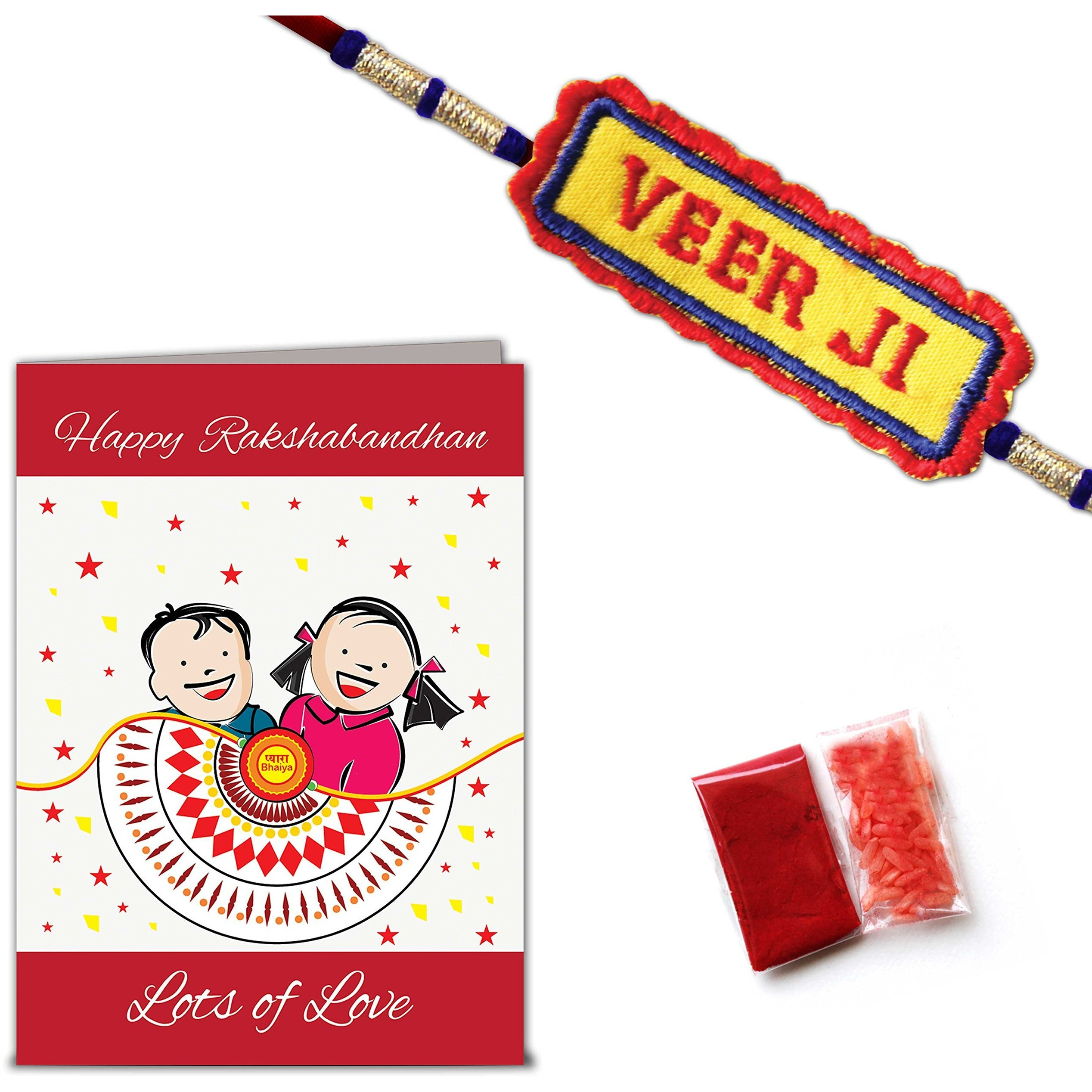 Indigifts Designer Handcrafted Veerji Rakhi, Roli And Greeting Card