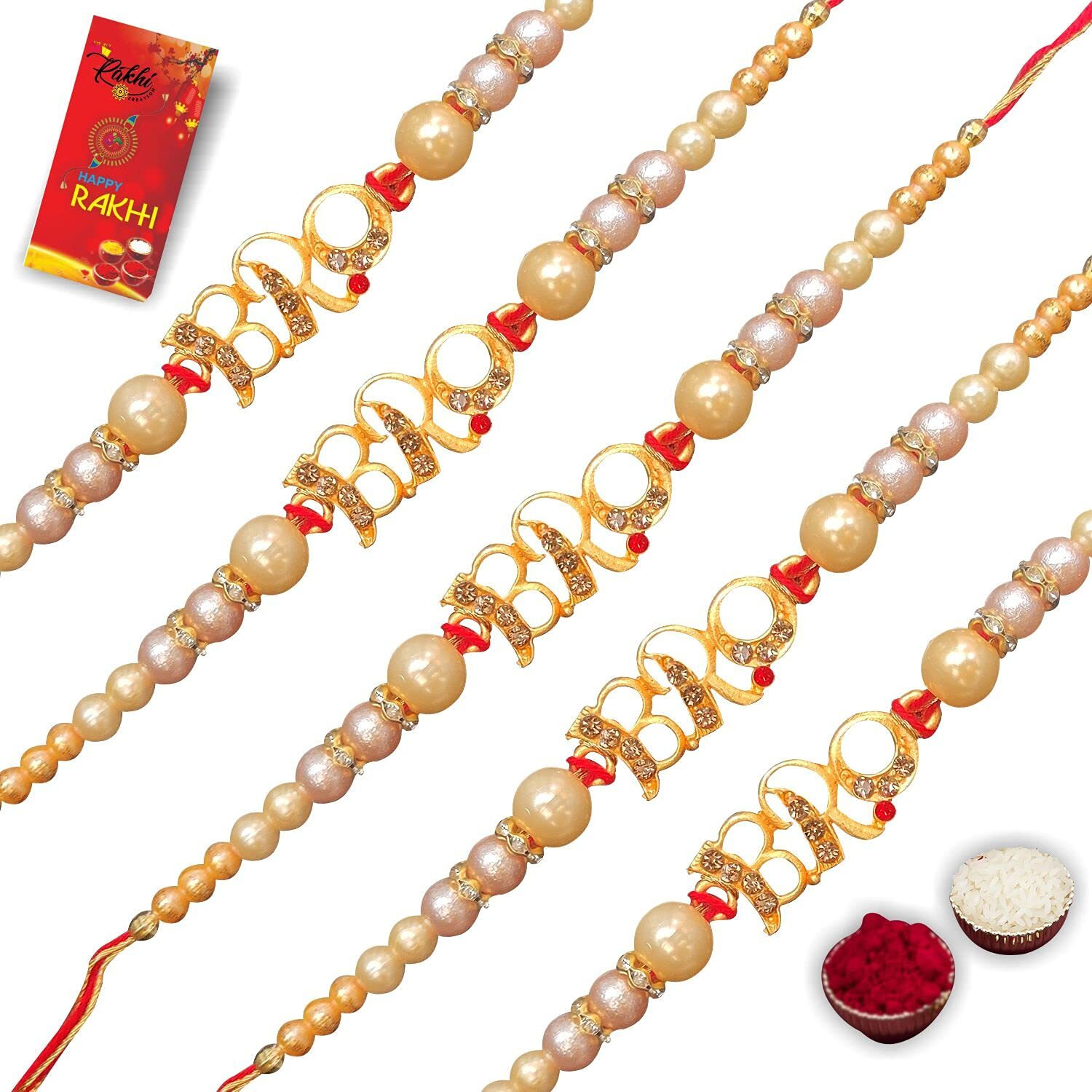 Case Creation Veera American Diamond Studded Traditional Set Of 5 Rakhi For Brother Diamond Studded Veera Rakhi For Brother With Roli Chawal Chandan For Bhaiya - Pack Of 5