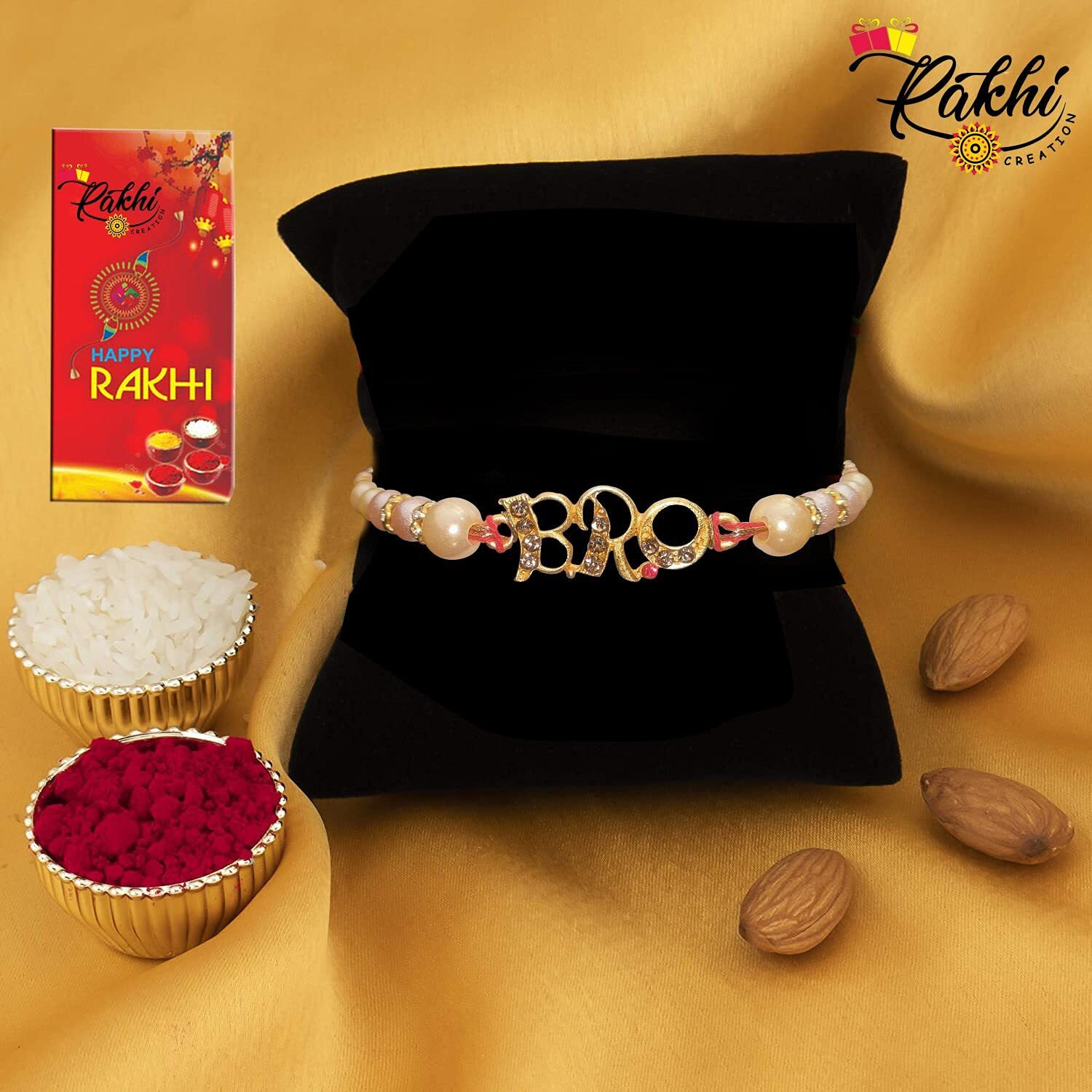 Case Creation Veera American Diamond Studded Traditional Set Of 5 Rakhi For Brother Diamond Studded Veera Rakhi For Brother With Roli Chawal Chandan For Bhaiya - Pack Of 5