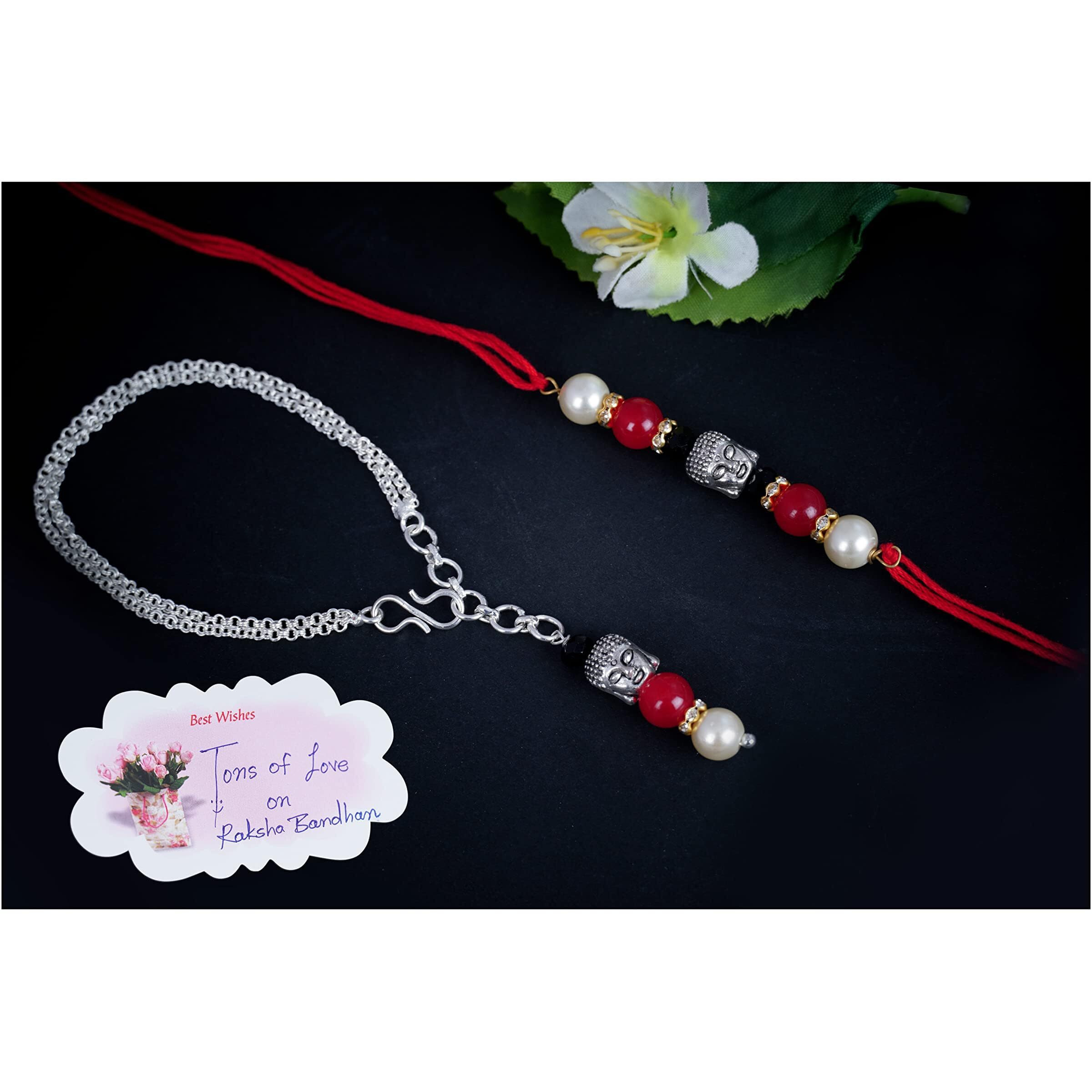 Jfl Unisex Adult - Jewellery For Less Handmade Buddha Bead Rakhi, Combo Pearl Design Collection Couple Pair Rakhi Set, Bhaiya Bhabhi For Raksha Bandhan.