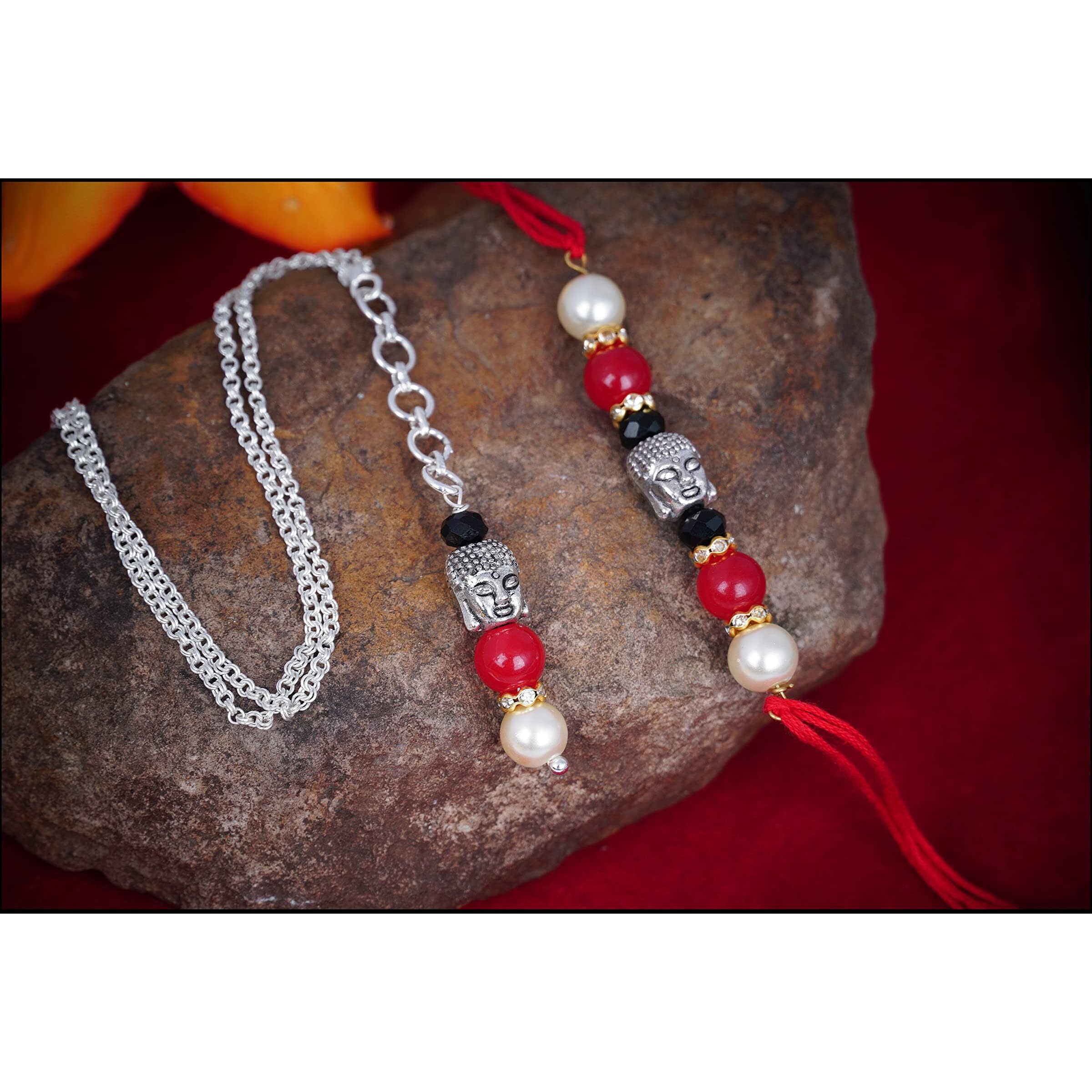 Jfl Unisex Adult - Jewellery For Less Handmade Buddha Bead Rakhi, Combo Pearl Design Collection Couple Pair Rakhi Set, Bhaiya Bhabhi For Raksha Bandhan.