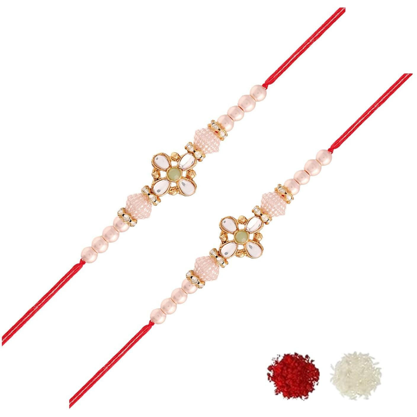 I Jewels Mens Gold Plated Ethnic Designer Pearl Combo Bhaiya Rakhi With Roli Chawal & Rakshabandhan Card For Bro/Brother/Bhai (R022-2) (Pack Of 2)