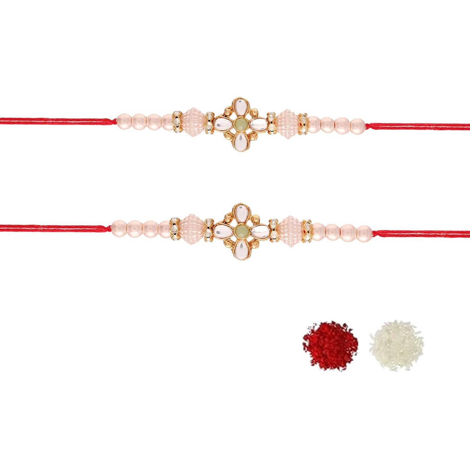 I Jewels Mens Gold Plated Ethnic Designer Pearl Combo Bhaiya Rakhi With Roli Chawal & Rakshabandhan Card For Bro/Brother/Bhai (R022-2) (Pack Of 2)