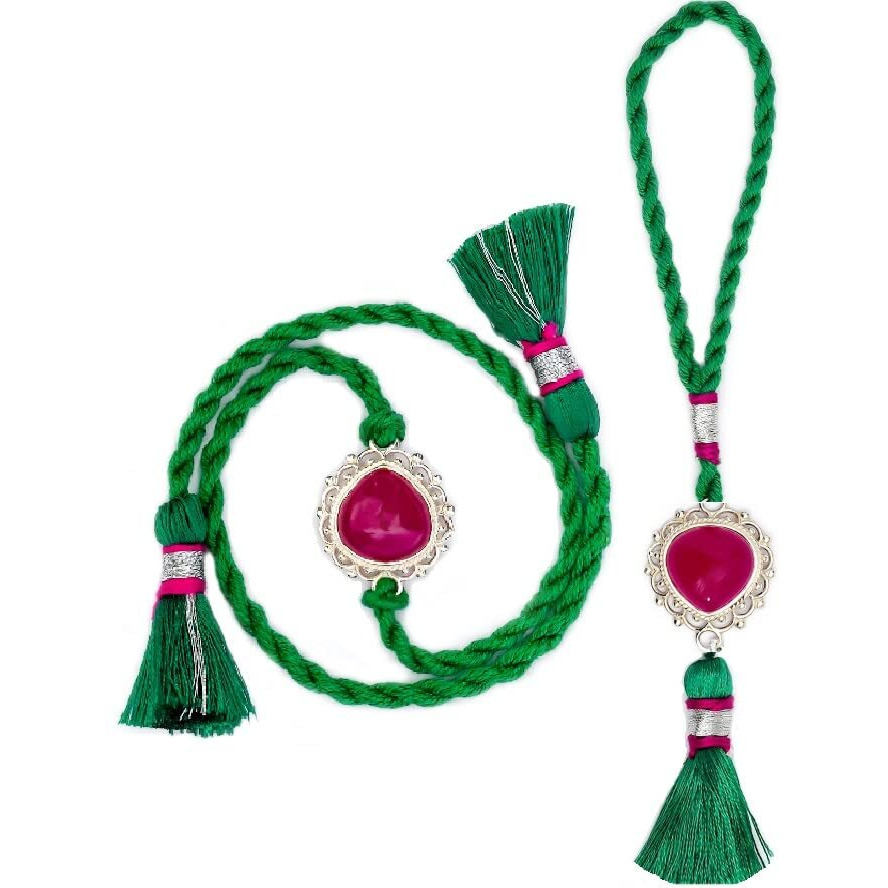 Meenakari 925 Sterling Silver Fuschia Chalcedony Stone Rakhi With Roli Chawal And Rakshabandhan Greeting Card (Bhaiya And Bhabhi Twining Set)