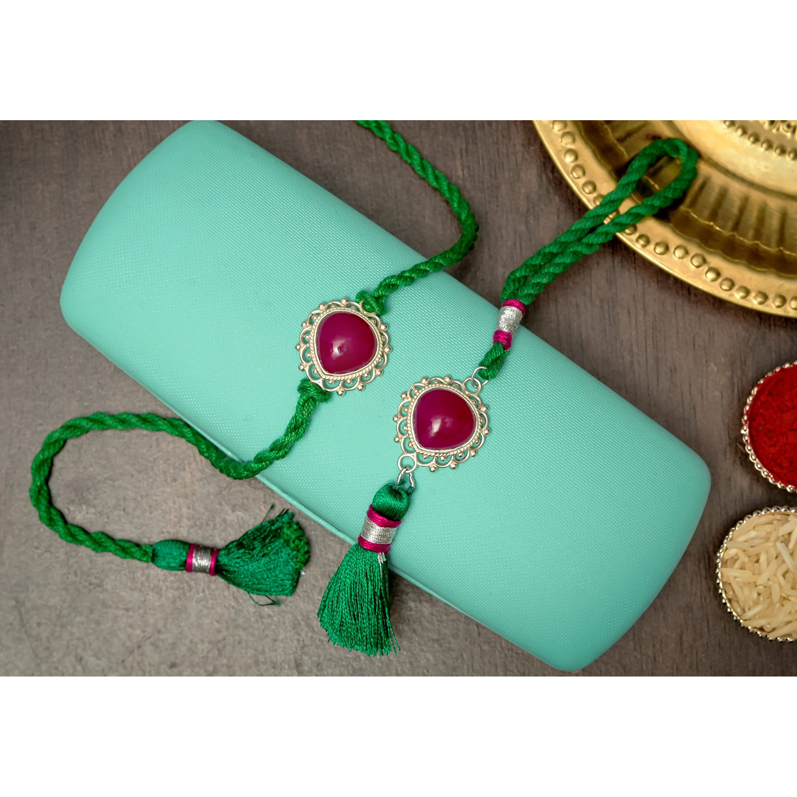 Meenakari 925 Sterling Silver Fuschia Chalcedony Stone Rakhi With Roli Chawal And Rakshabandhan Greeting Card (Bhaiya And Bhabhi Twining Set)