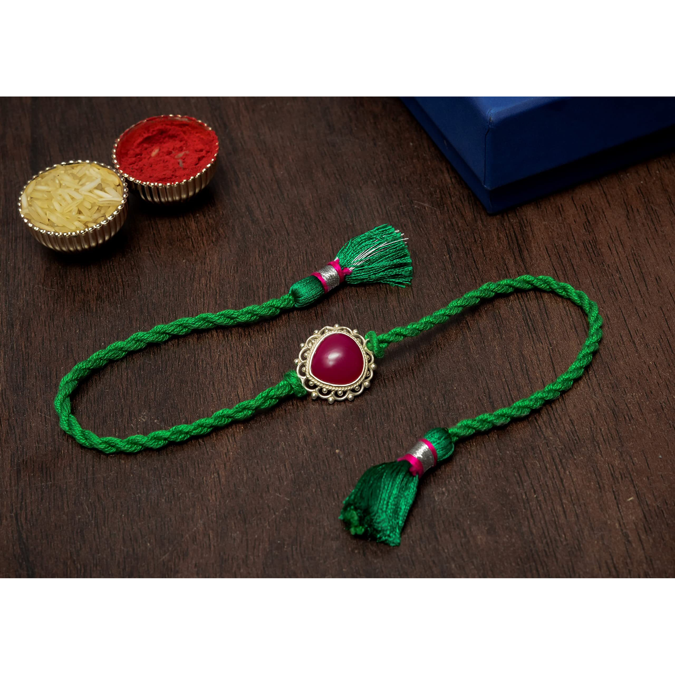 Meenakari 925 Sterling Silver Fuschia Chalcedony Stone Rakhi With Roli Chawal And Rakshabandhan Greeting Card (Bhaiya And Bhabhi Twining Set)