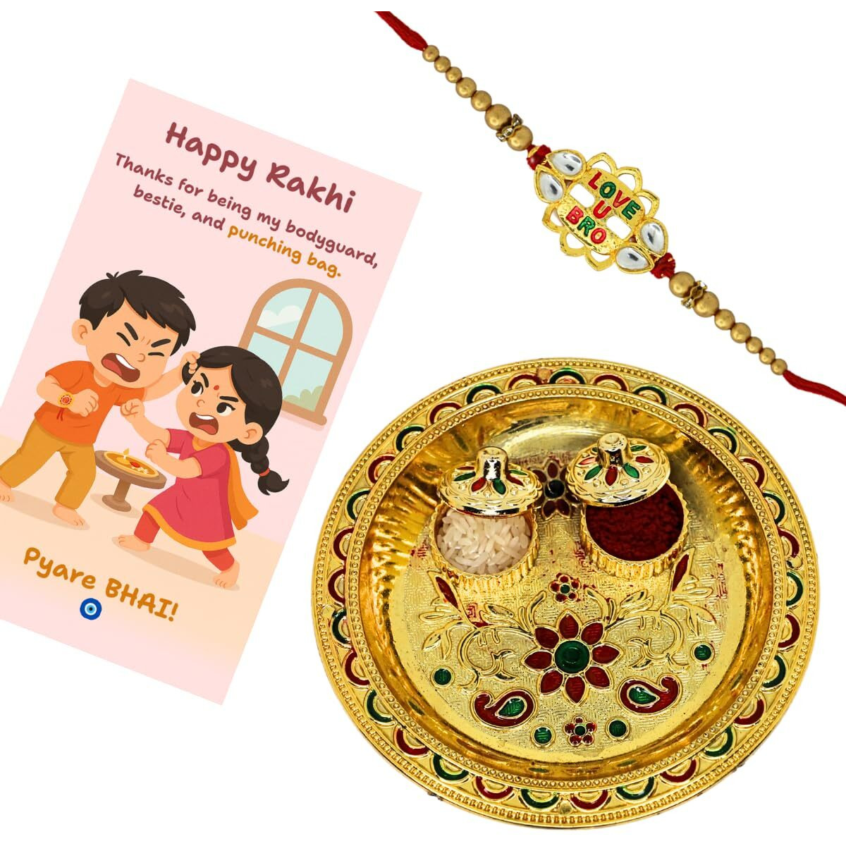 Jwella Love U Bro Rakhi With Funny Raksha Bandhan Card,Kumkum & Decorative Pooja Thali (14Cm)| Quirky Gift Combo For Brother | Rakhi Set For Pyare Bhai