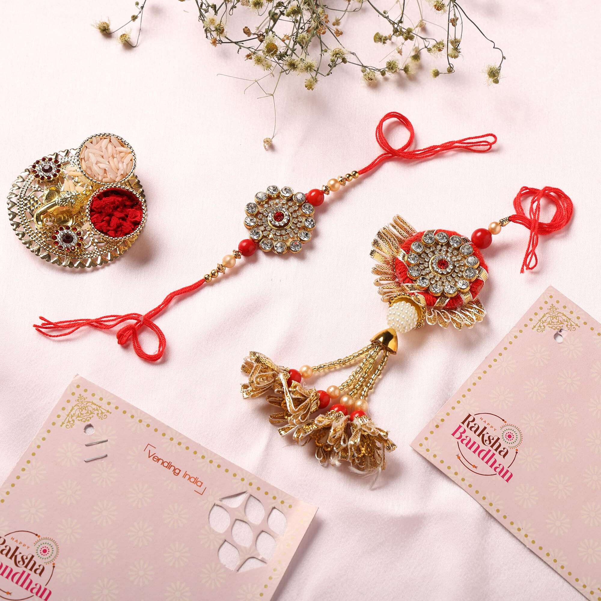 Vending India Gotta Patti Bhaiya Bhabhi Pair Rakhi In A Gift Box With Roli - Combo With Roli, Chandan In A Rakshabandhan Card (Red)