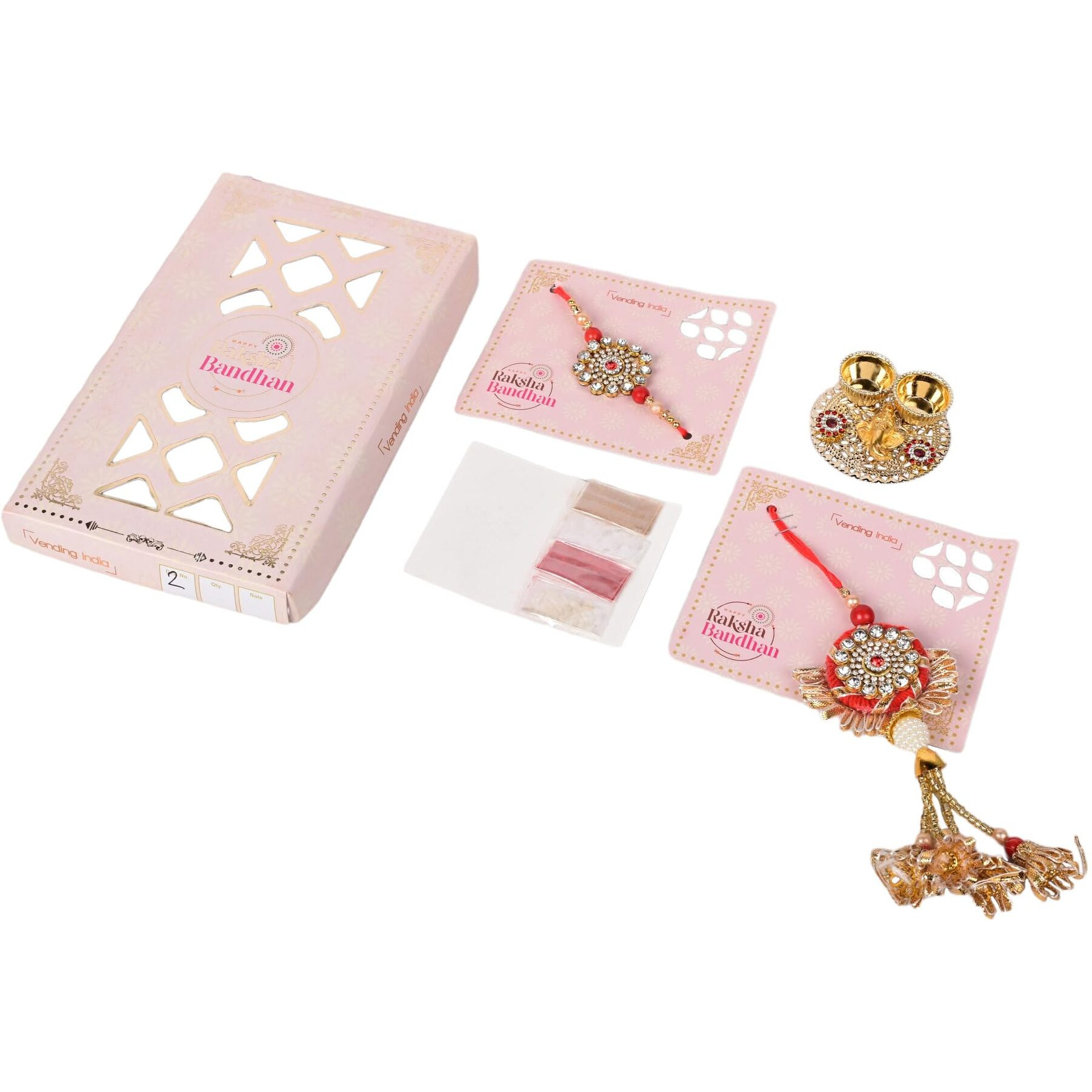 Vending India Gotta Patti Bhaiya Bhabhi Pair Rakhi In A Gift Box With Roli - Combo With Roli, Chandan In A Rakshabandhan Card (Red)