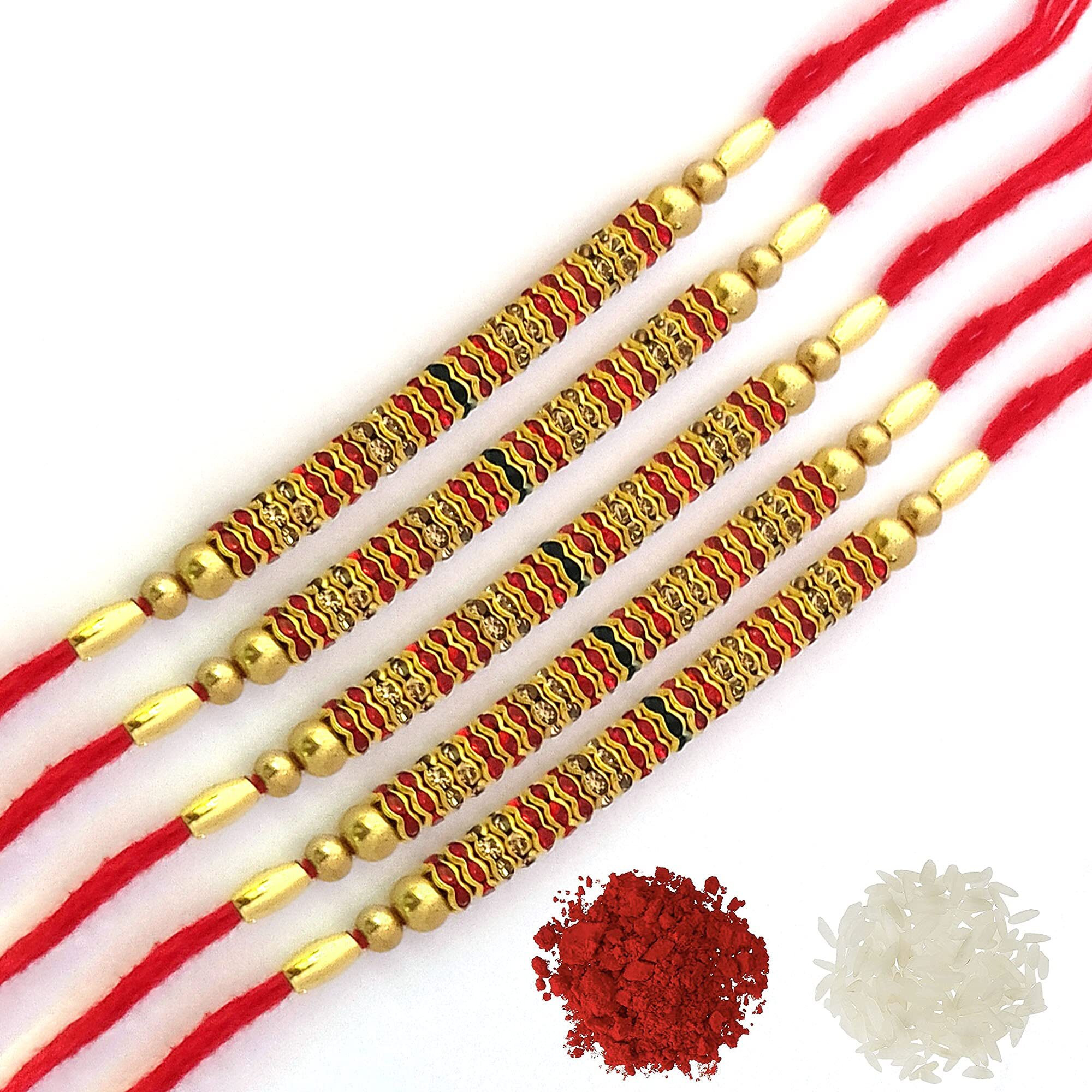 Abhishek Exclusive Designer 5 Pcs Rakhi For Your Brother And Roli-Chawal Pack, Red