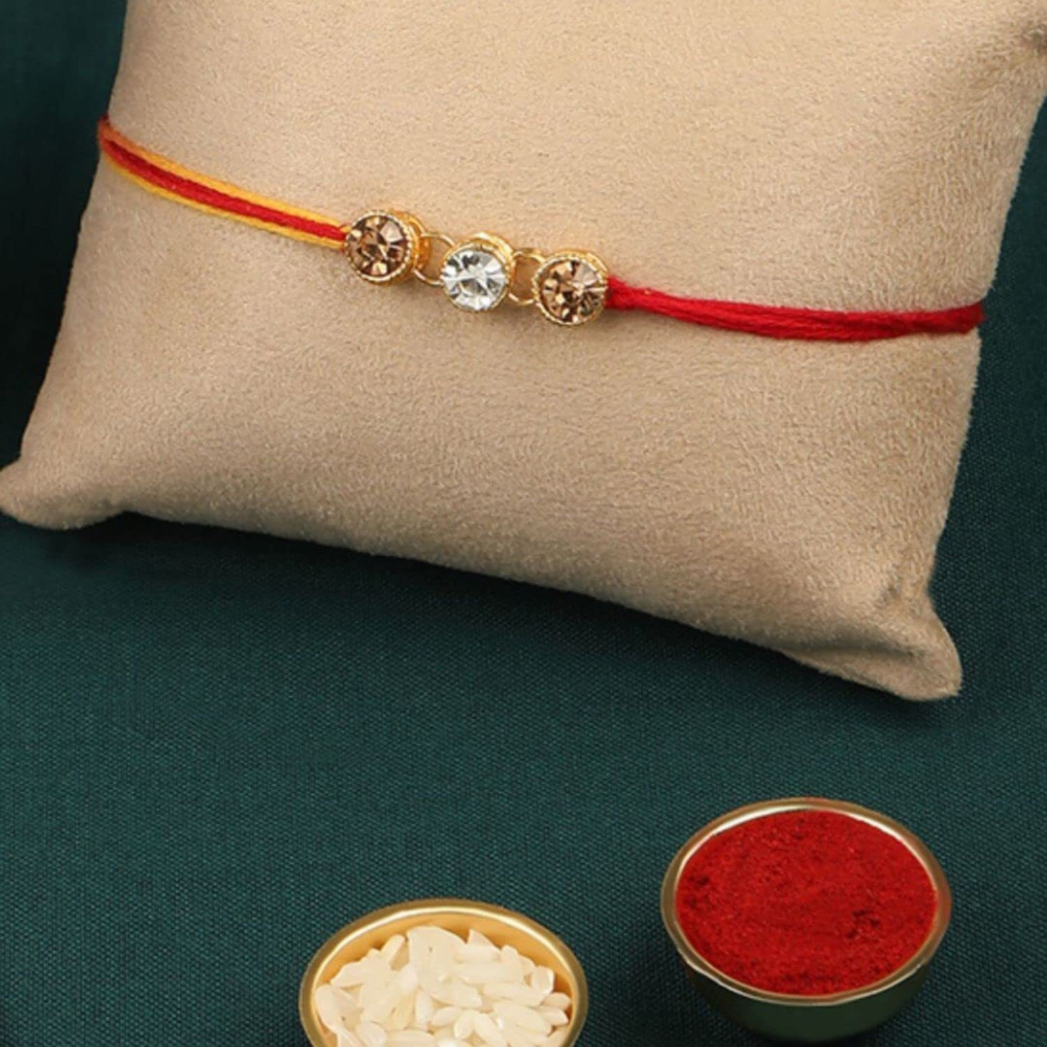 Accessher Gold Plated Brass Statement Rhinestone Rakhi For Brother Pack Of 1 With Roli/Kumkum Packets, Rice And Happy Rakshabandhan Card || Latest Rakhi For Brother