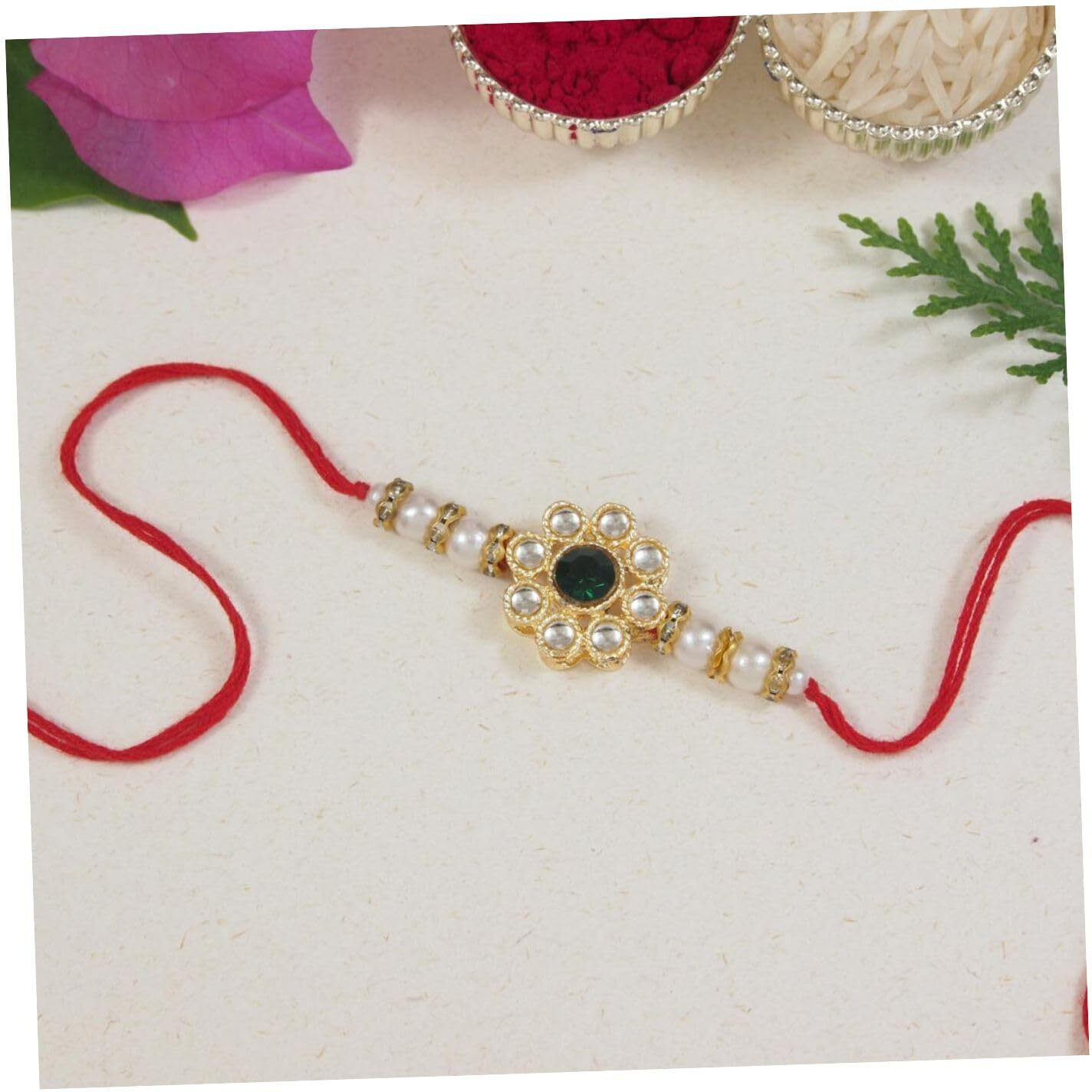 I Jewels Mens Kundan & Pearl Bhaiya Rakhi With Roli Chawal & Rakshabandhan Card For Bro/Brother/Bhai (R014G-R)