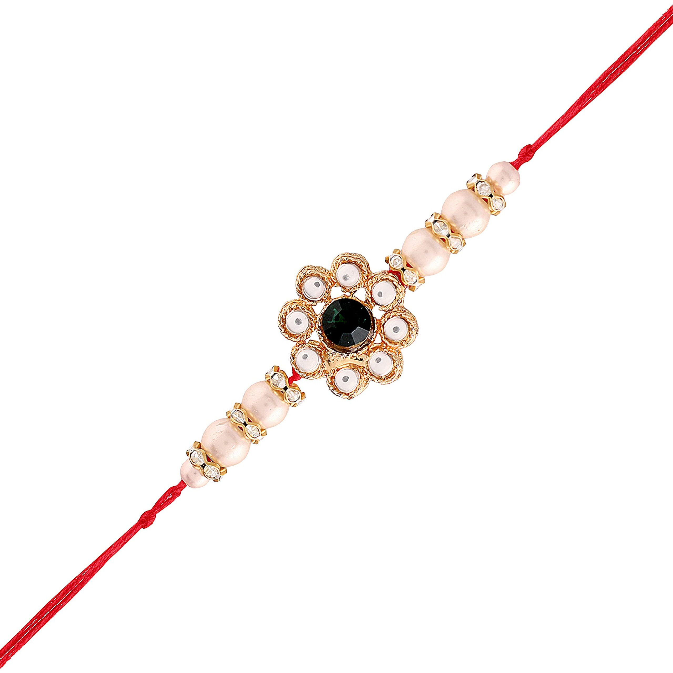 I Jewels Mens Kundan & Pearl Bhaiya Rakhi With Roli Chawal & Rakshabandhan Card For Bro/Brother/Bhai (R014G-R)