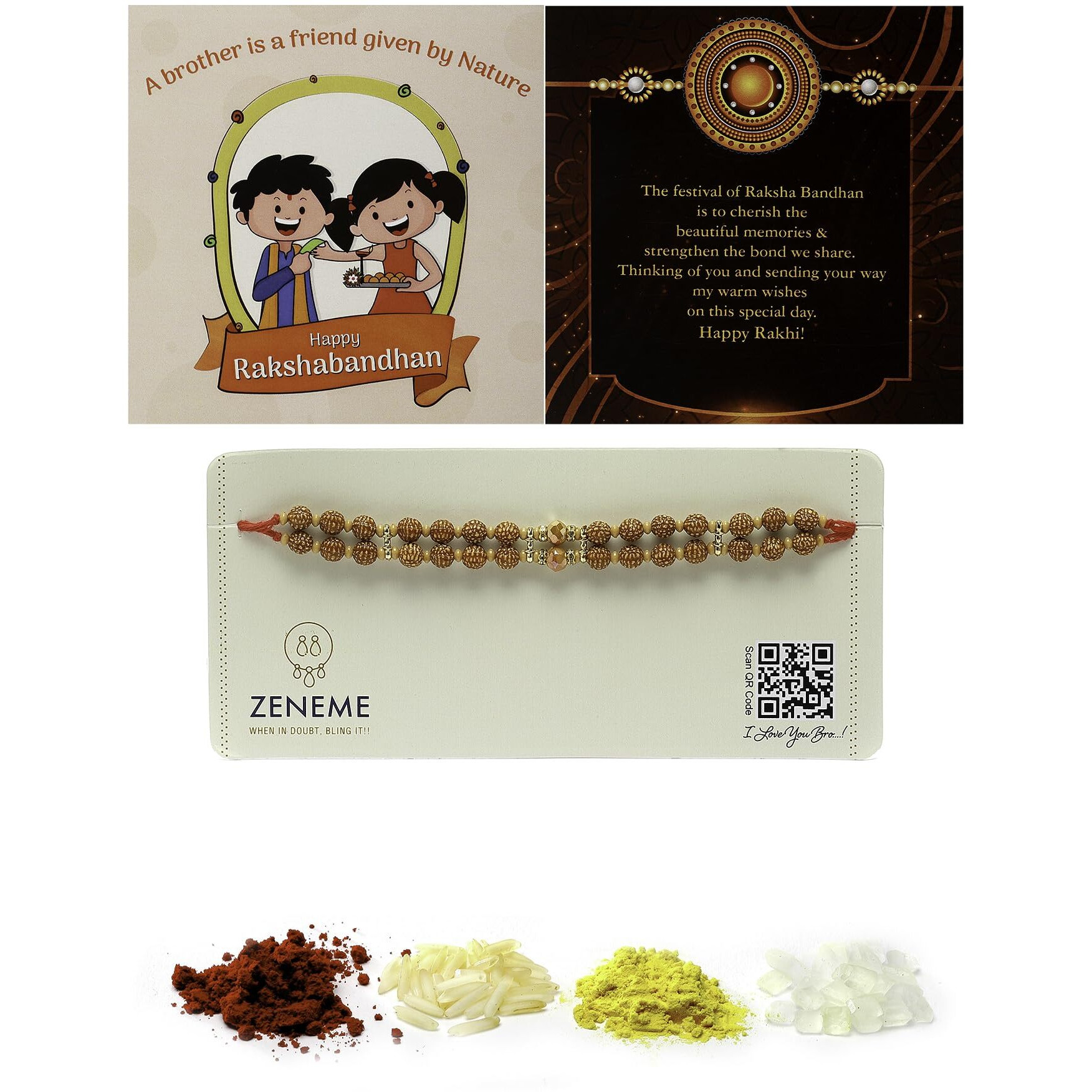 Zeneme Rakhi For Bhaiya Rudraksh Stringed In Red Thread Rakhi For Bhai With Roli Chawal And Raksha Bandhan Greeting Card For Bhai/Bhaiya