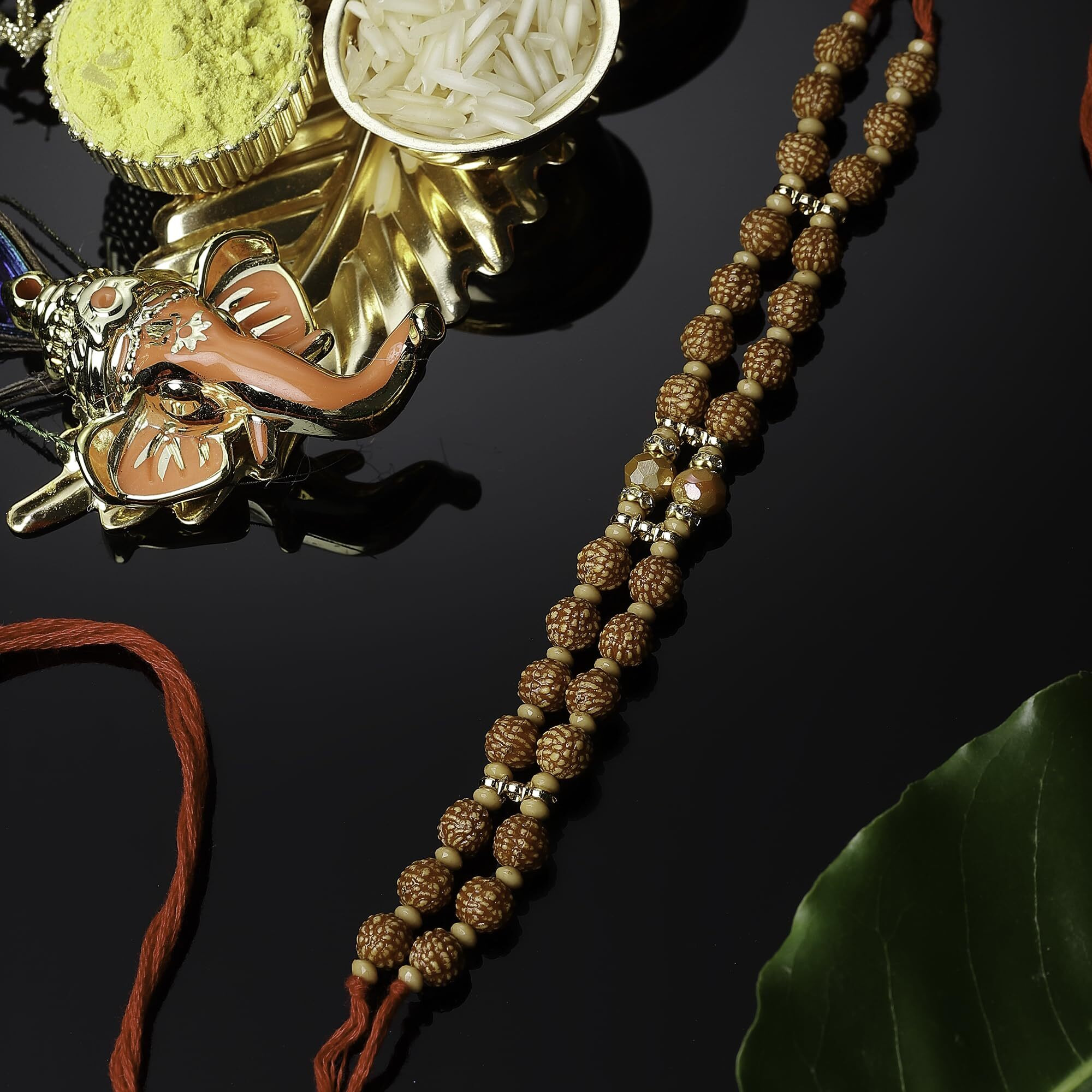 Zeneme Rakhi For Bhaiya Rudraksh Stringed In Red Thread Rakhi For Bhai With Roli Chawal And Raksha Bandhan Greeting Card For Bhai/Bhaiya