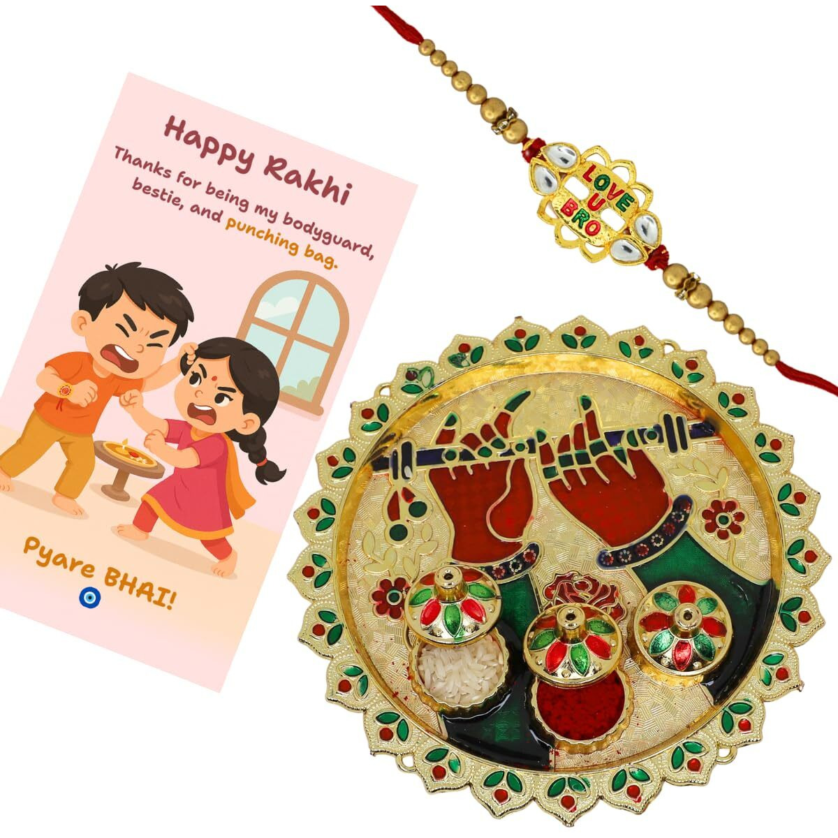 Jwella Love U Bro Rakhi With Funny Raksha Bandhan Card,Kumkum & Decorative Pooja Thali (18Cm)| Quirky Gift Combo For Brother | Rakhi Set For Pyare Bhai