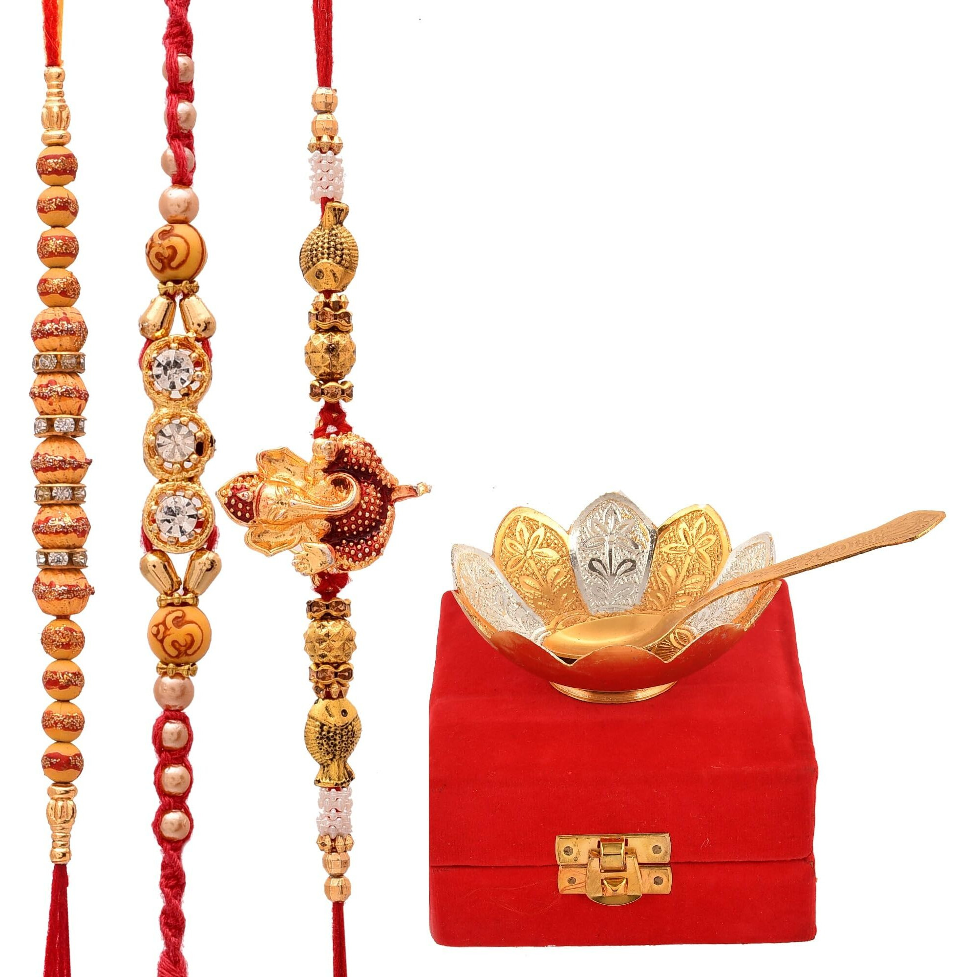 Yalambar Rakhi For Brother | Rakhi Combo | Rakhi Set | Rakhi | Designer Rakhi | Set Of 3 Rakhi | Roli Chawal | Blessing Card And | Brass Bowl With Velvet Box Set -Yal-02-1200-2