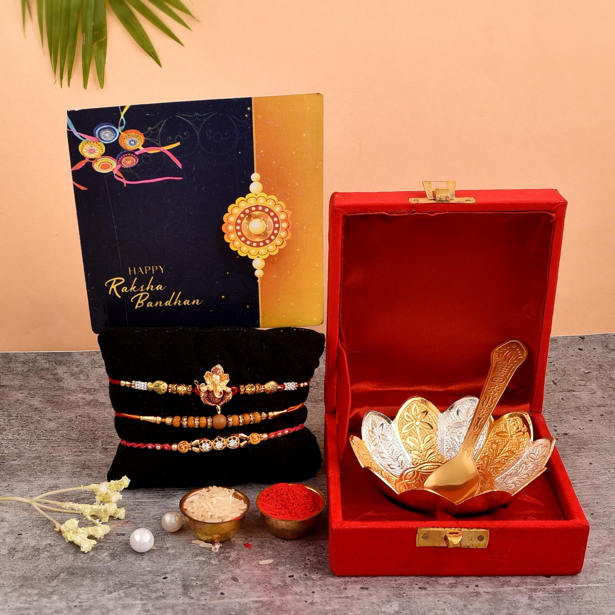 Yalambar Rakhi For Brother | Rakhi Combo | Rakhi Set | Rakhi | Designer Rakhi | Set Of 3 Rakhi | Roli Chawal | Blessing Card And | Brass Bowl With Velvet Box Set -Yal-02-1200-2