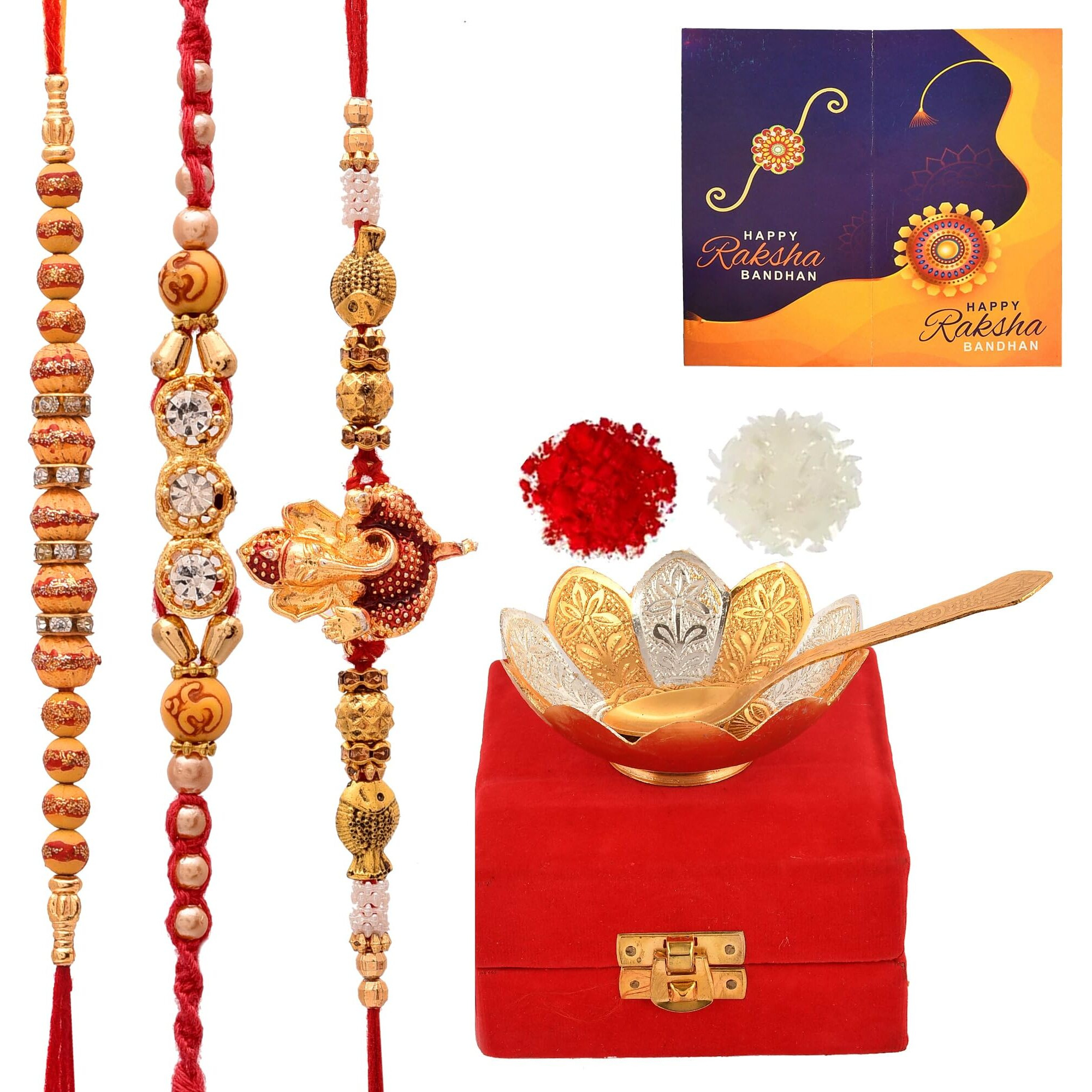 Yalambar Rakhi For Brother | Rakhi Combo | Rakhi Set | Rakhi | Designer Rakhi | Set Of 3 Rakhi | Roli Chawal | Blessing Card And | Brass Bowl With Velvet Box Set -Yal-02-1200-2