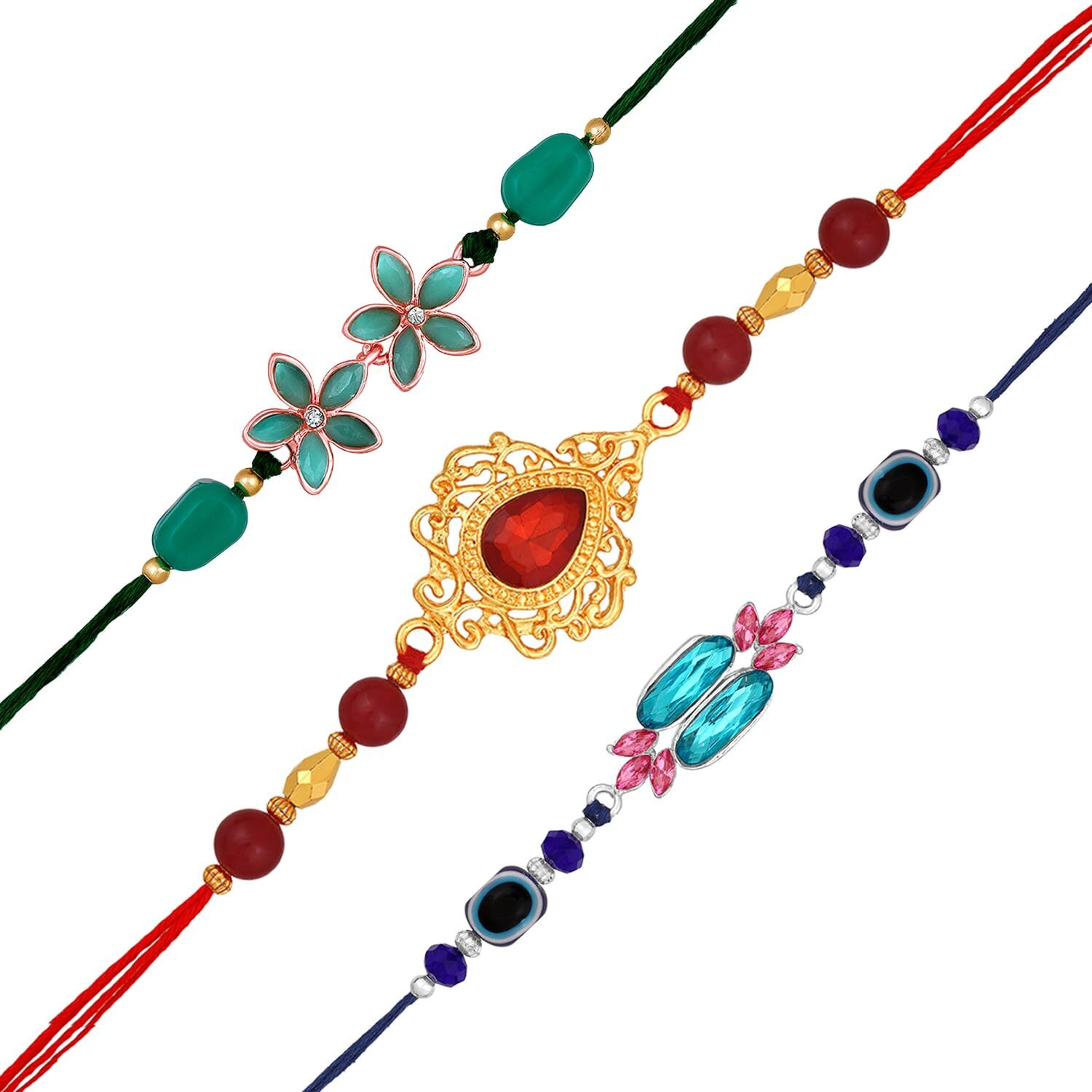 Mahi Combo Of 3 Fancy Rakhis With Multicolor Crystals For Brother, Bhai, Bro (Rco1105722M)