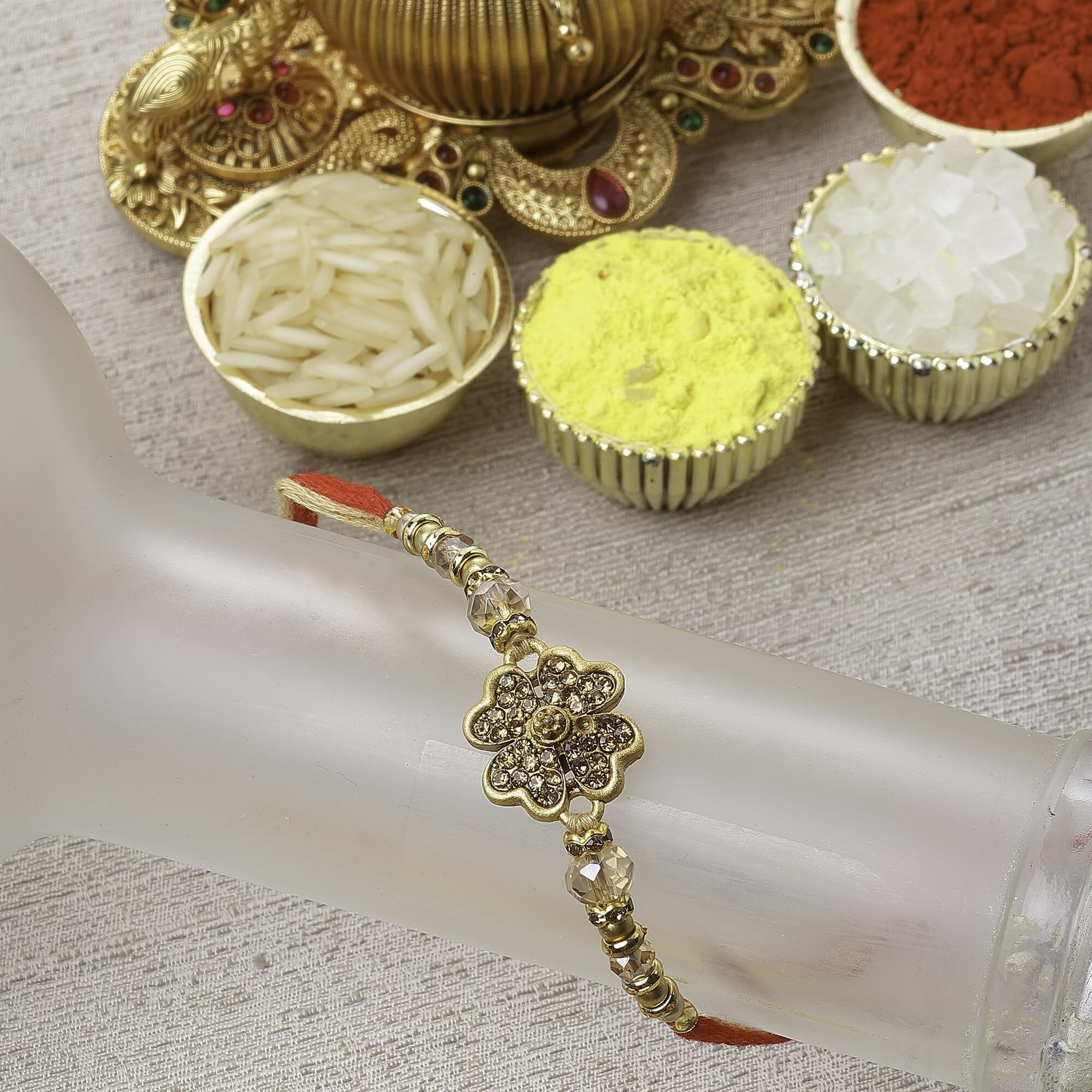 Zeneme Rakhi For Bhaiya/Bhai Gold-Plated Kundan Studded Rakhi With Roli Chawal And Raksha Bandhan Greeting Card For Bhai