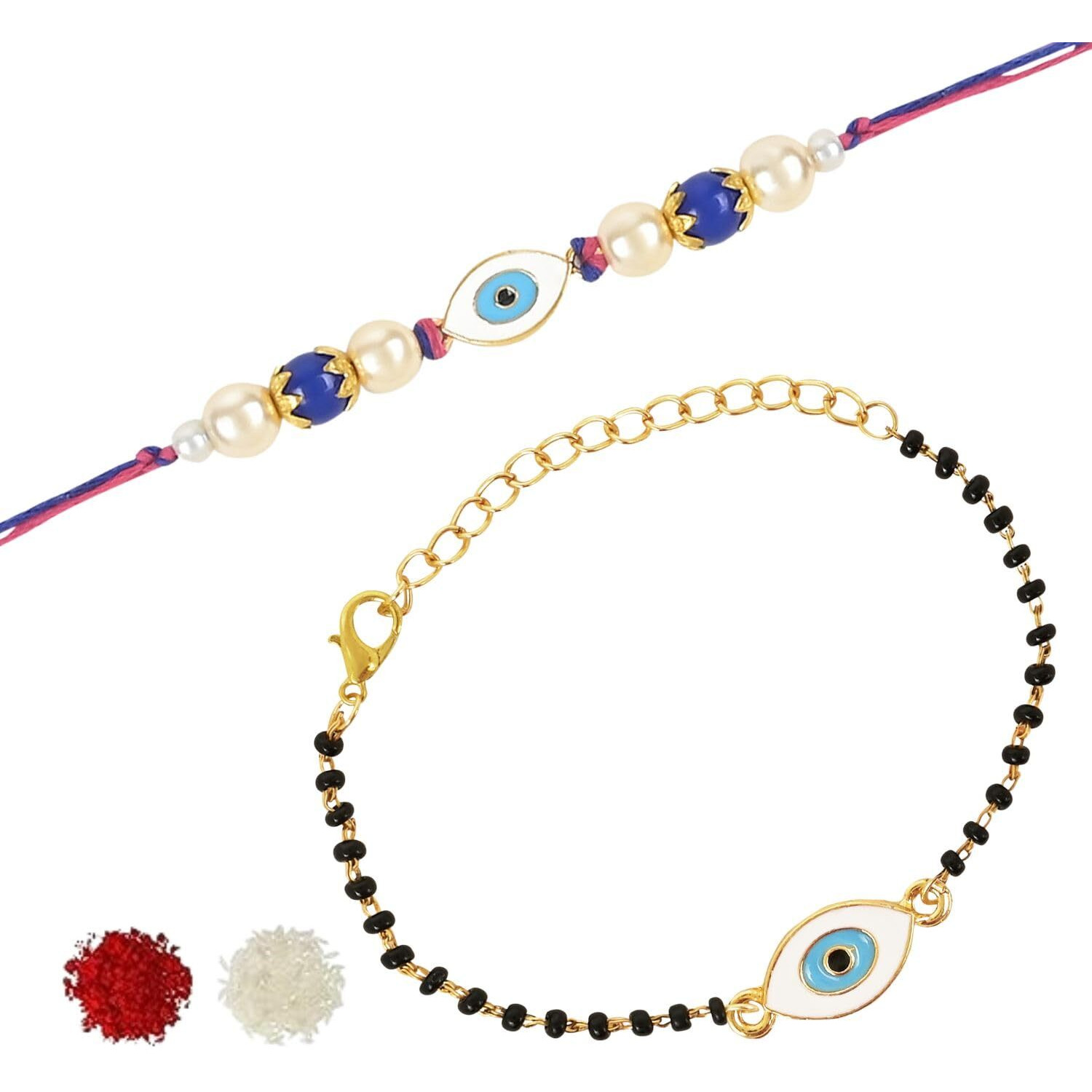 I Jewels Enamel Evil Eye Bhaiya Bhabhi Mangalsutra Bracelet Rakhi Set With Roli Chawal & Rakshabandhan Card For Brother/Bro/Men (R130-Co)