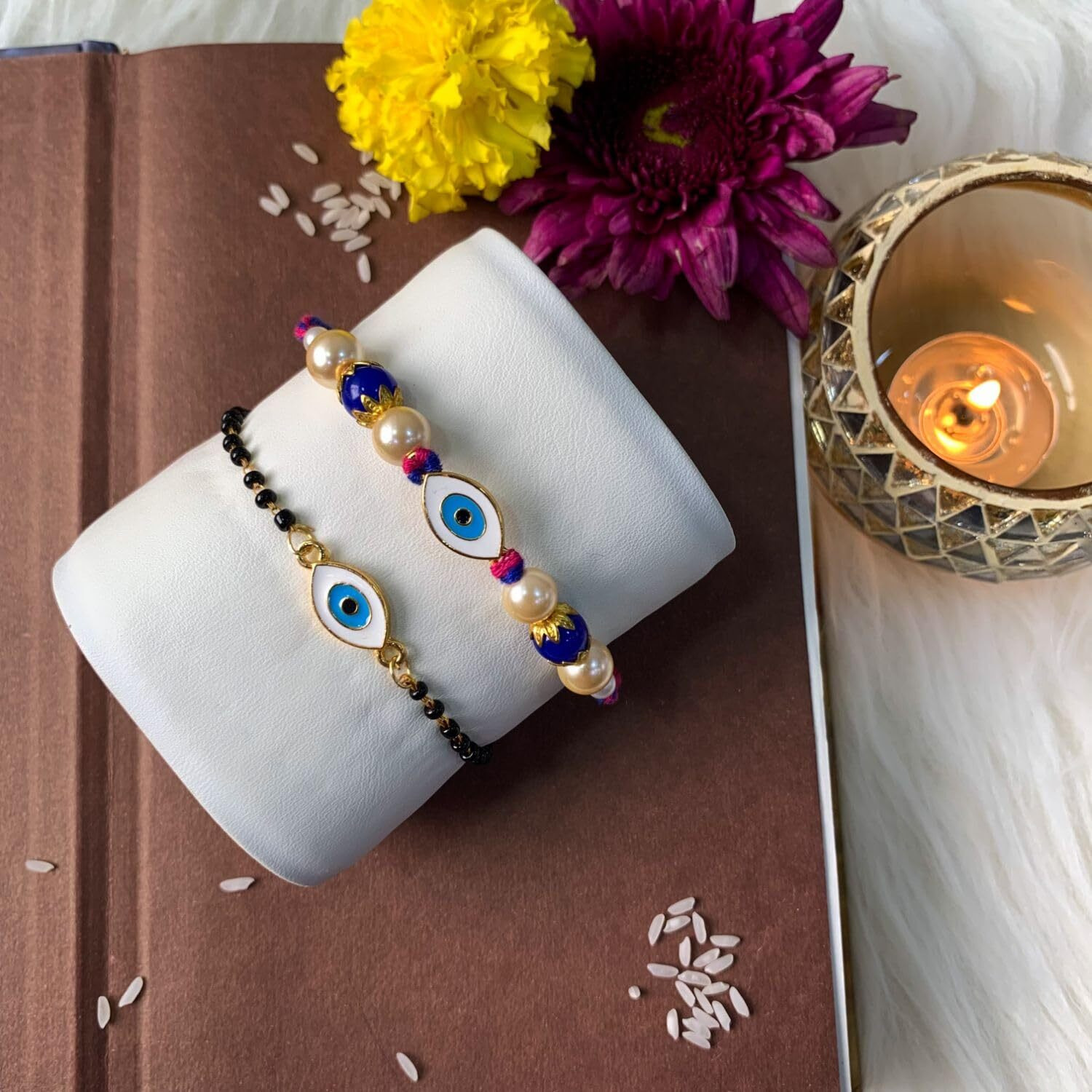 I Jewels Enamel Evil Eye Bhaiya Bhabhi Mangalsutra Bracelet Rakhi Set With Roli Chawal & Rakshabandhan Card For Brother/Bro/Men (R130-Co)