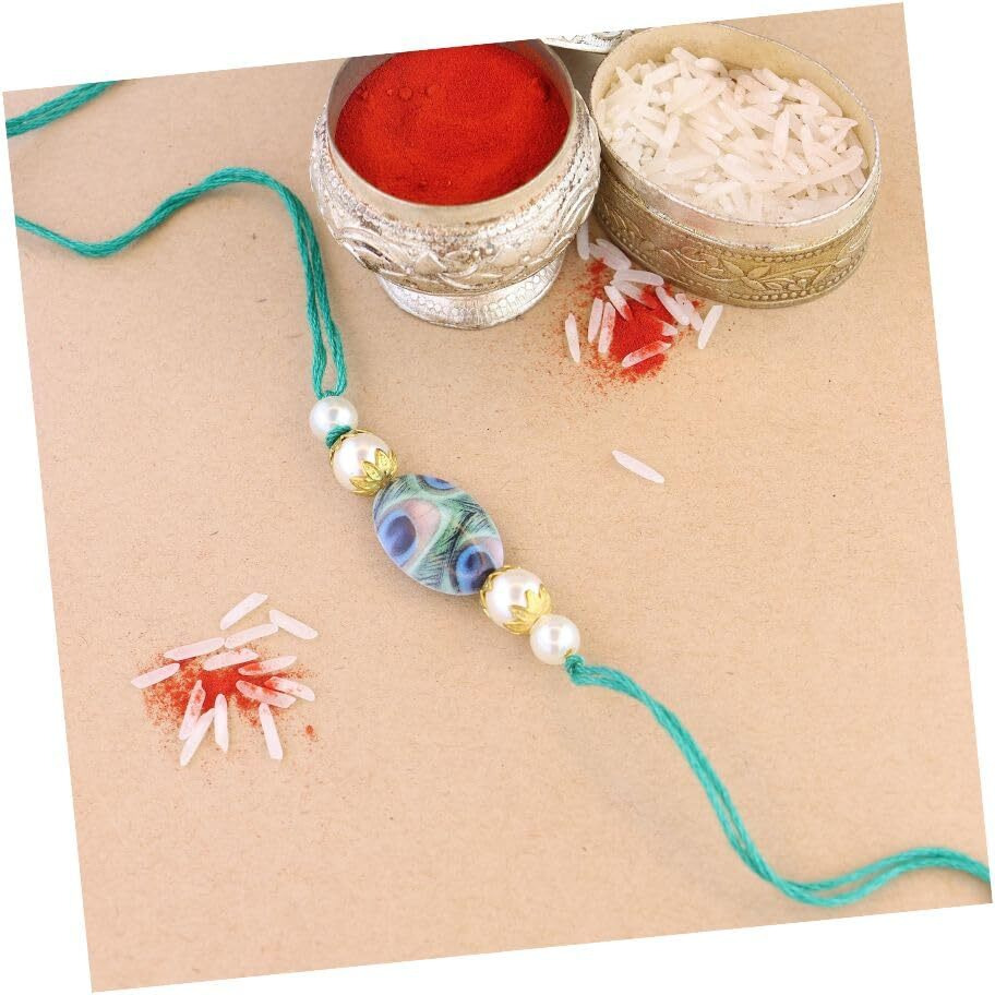 I Jewels Pearl & Peacock Feather Designer Bhaiya Rakhi With Roli Chawal For Brother/Bro/Men With Rakshabandhan Card ((R103)