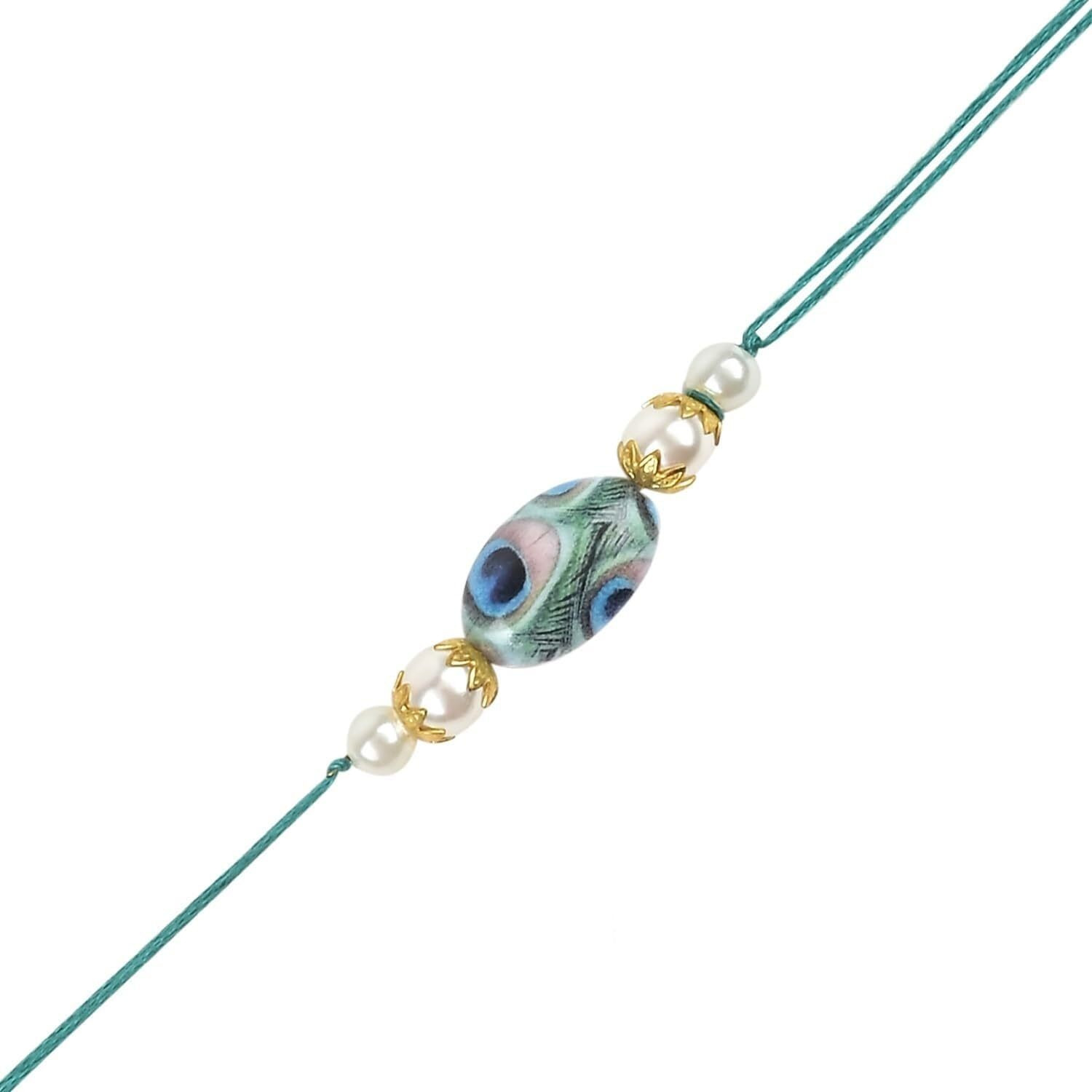 I Jewels Pearl & Peacock Feather Designer Bhaiya Rakhi With Roli Chawal For Brother/Bro/Men With Rakshabandhan Card ((R103)
