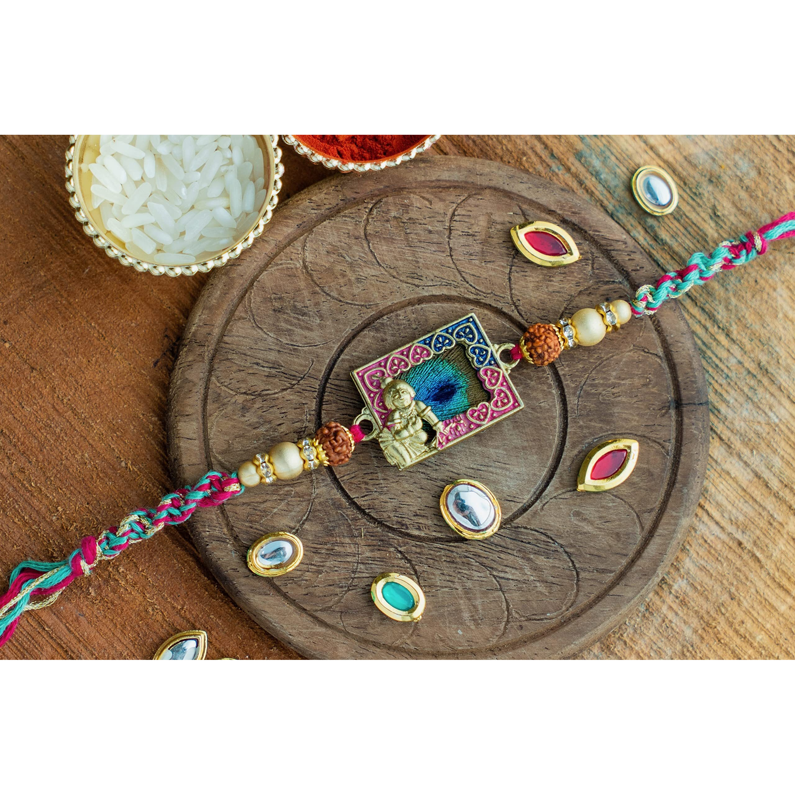 Vending India Boy's Premium Rakhi | Krishna Set On Real Peacock Feather | Rakhi For Brother In A Luxury Jewellery Box Combo With Roli, Chawal, Chandan & Mishri In A Rakshabandhan Card