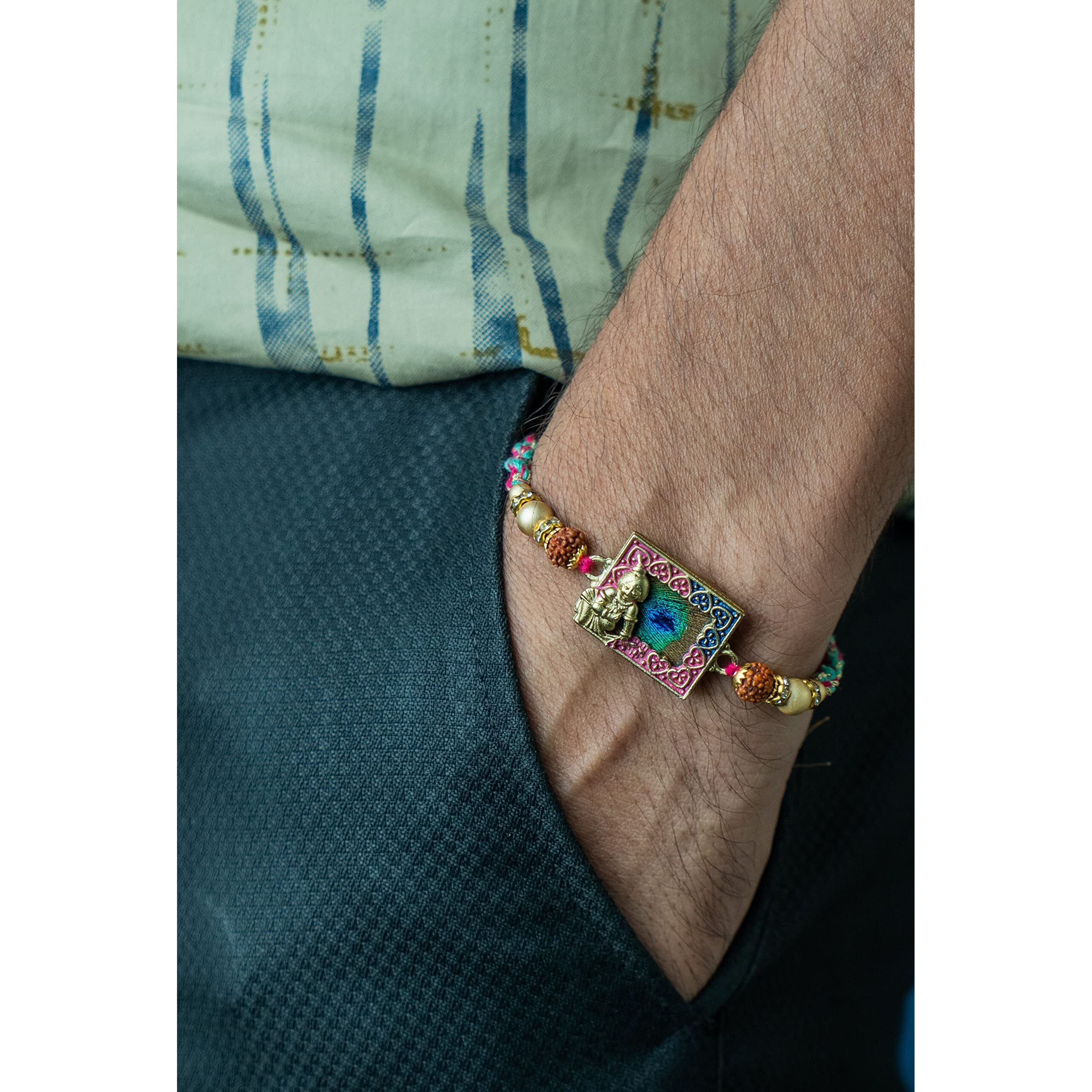Vending India Boy's Premium Rakhi | Krishna Set On Real Peacock Feather | Rakhi For Brother In A Luxury Jewellery Box Combo With Roli, Chawal, Chandan & Mishri In A Rakshabandhan Card